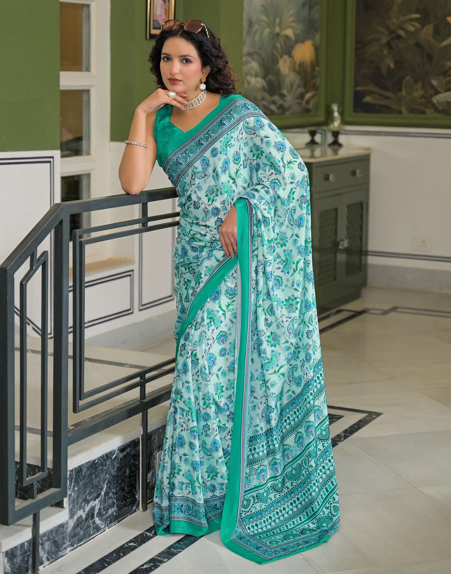 Light Mint Green Crepe Silk Printed Saree