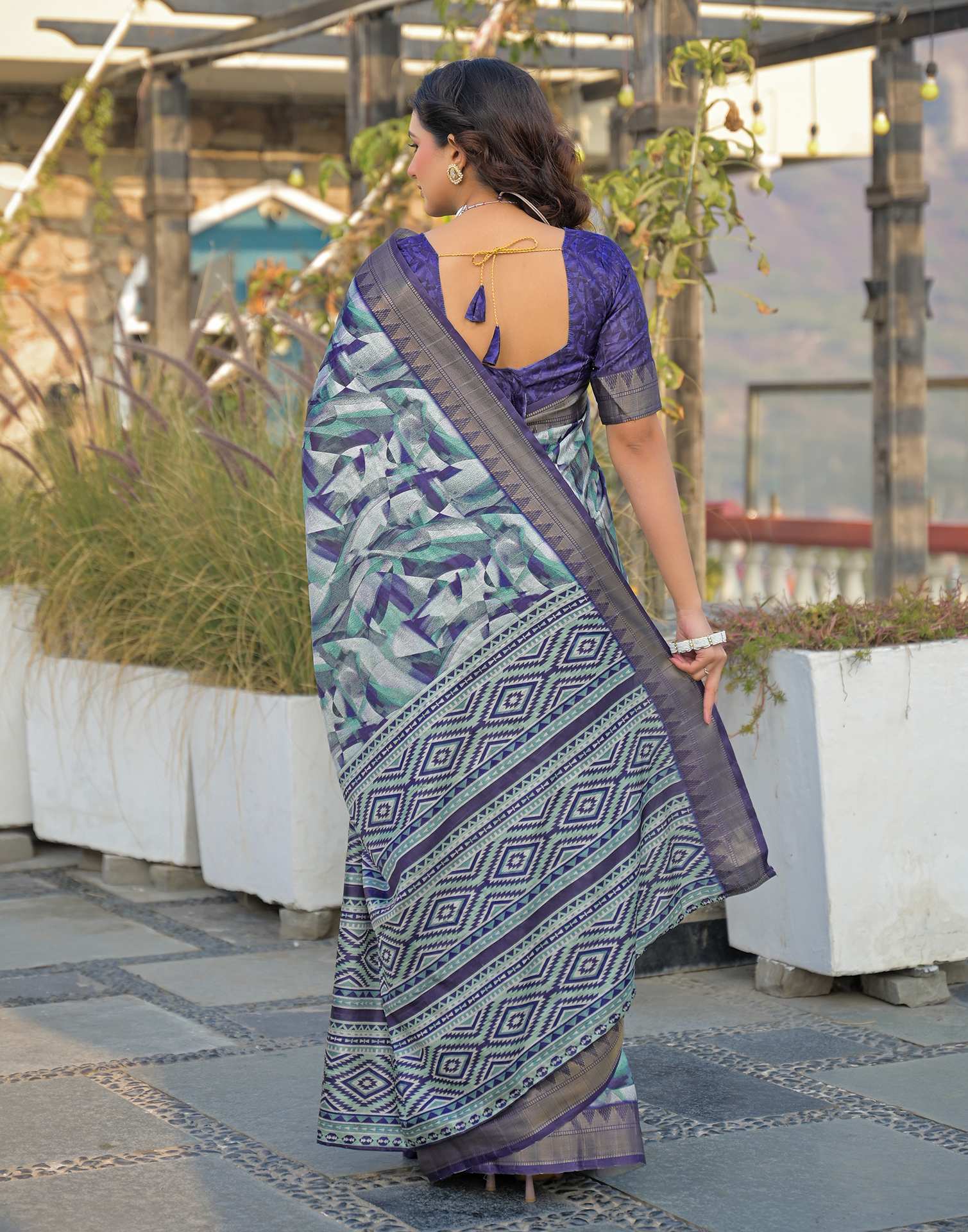 Navy Blue Silk Woven Printed Saree