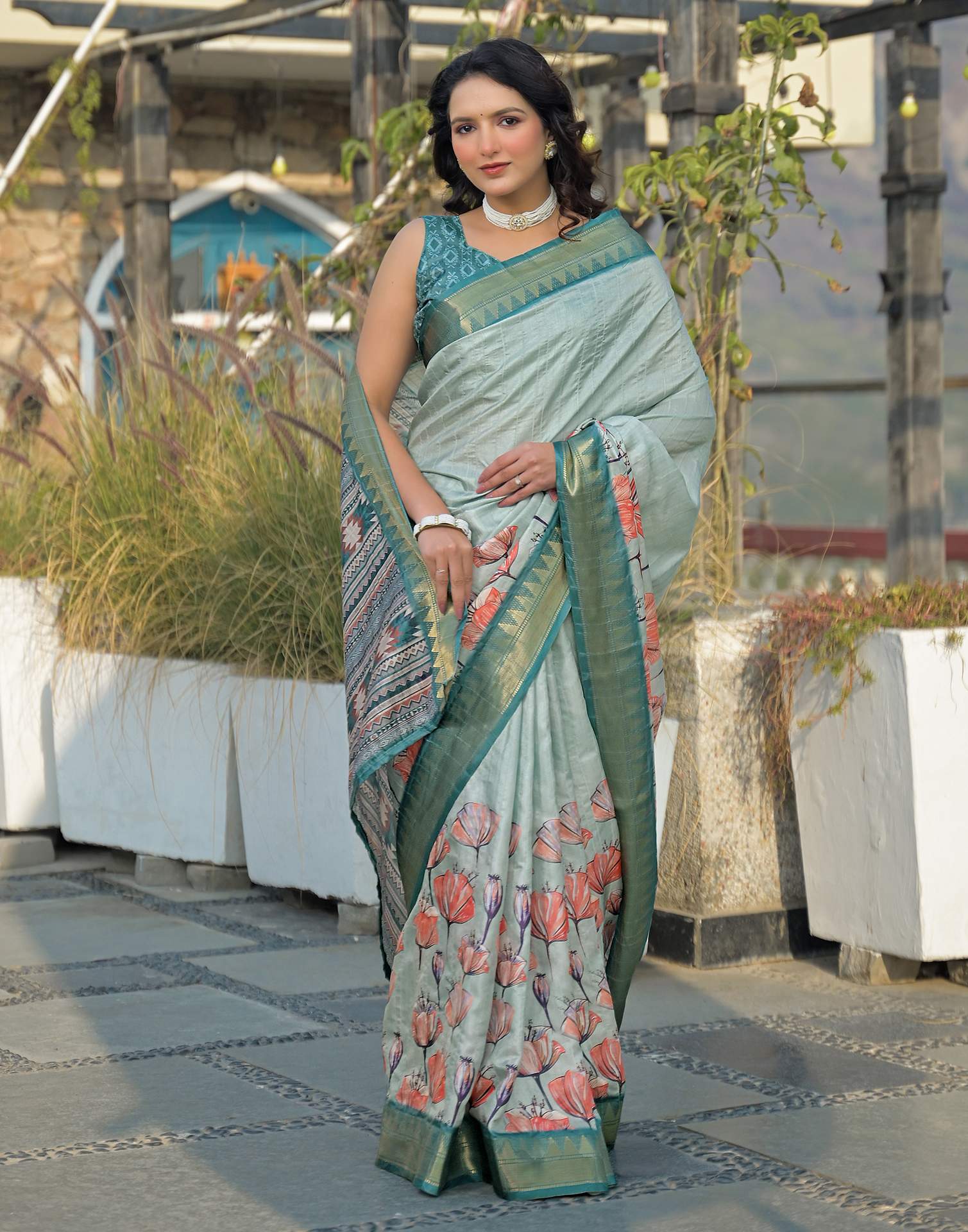 Light Turquoise Silk Woven Printed Saree
