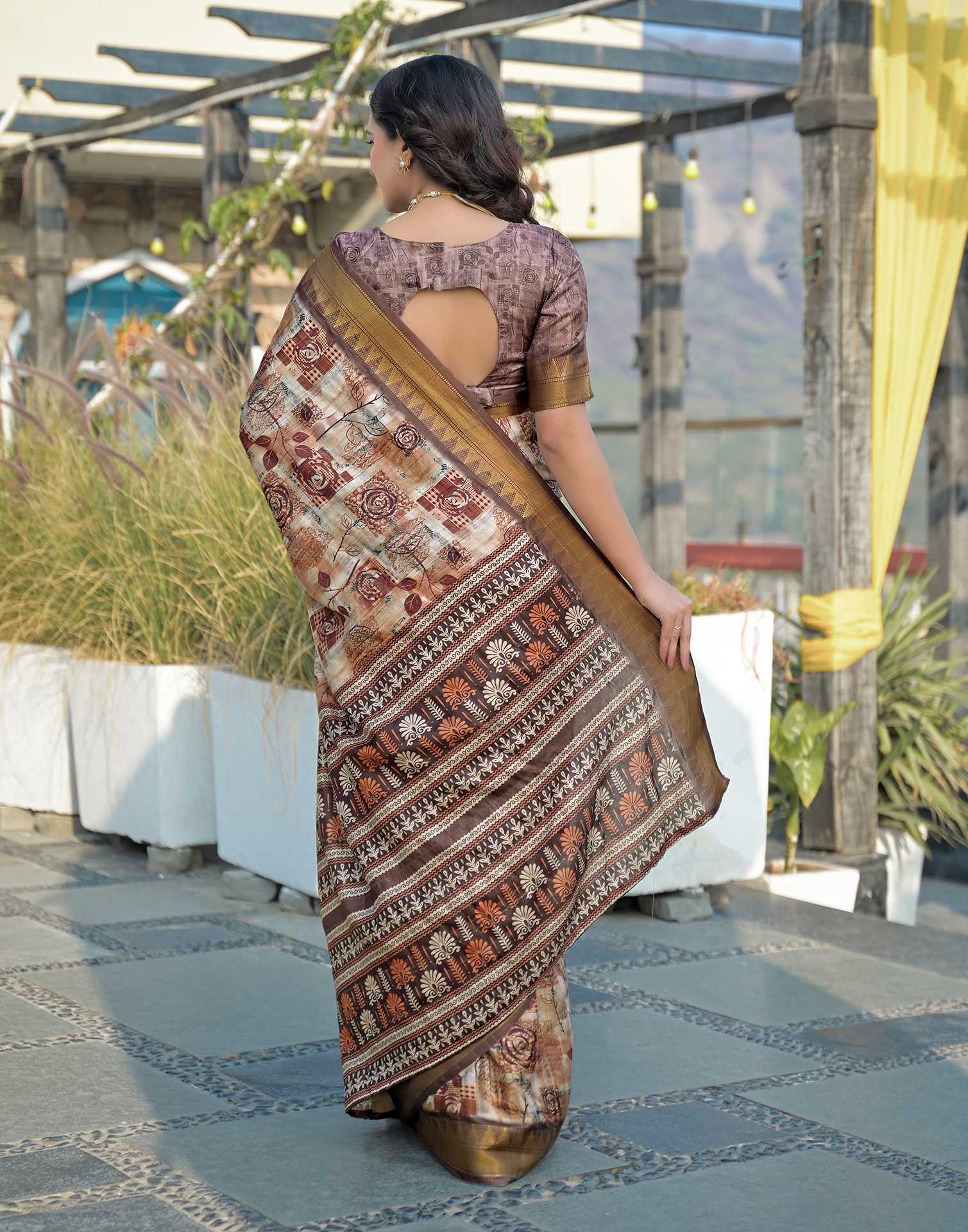 Brown Silk Woven Printed Saree