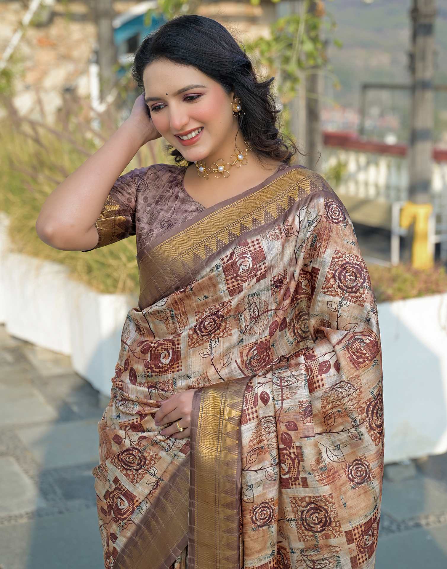 Brown Silk Woven Printed Saree