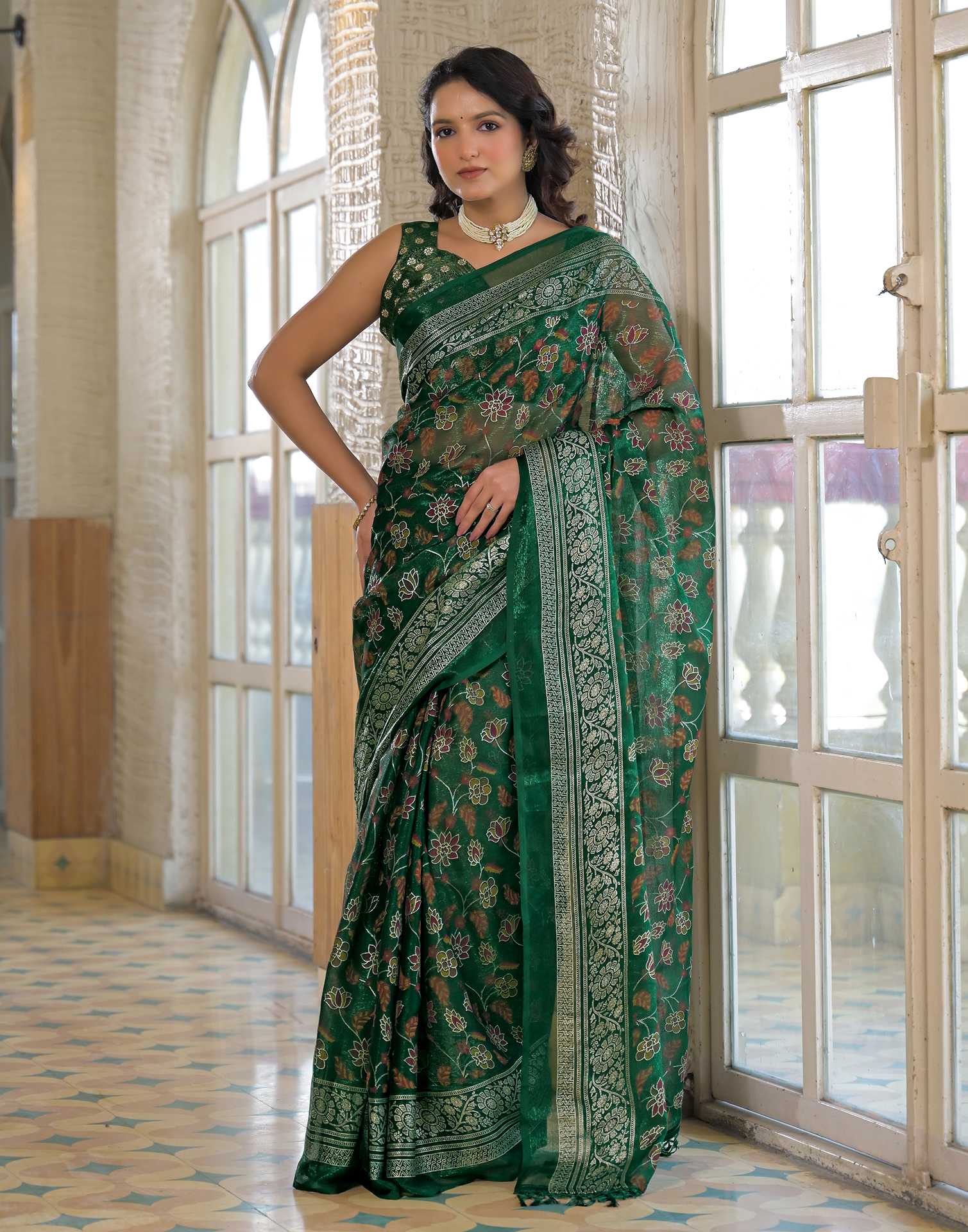 Dark Green Shimmer Chiffon Foil Printed Saree