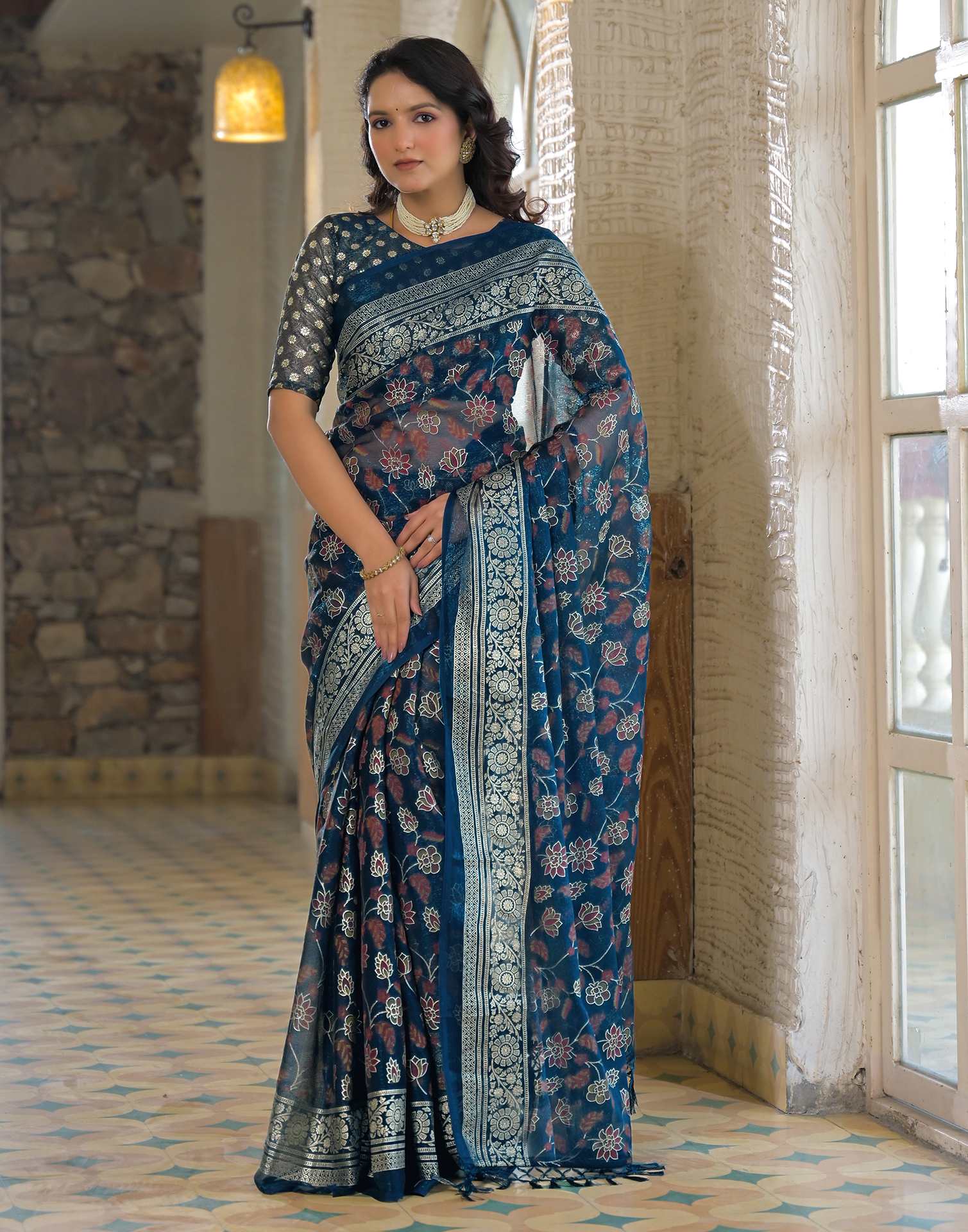 Navy Blue Shimmer Chiffon Foil Printed Saree