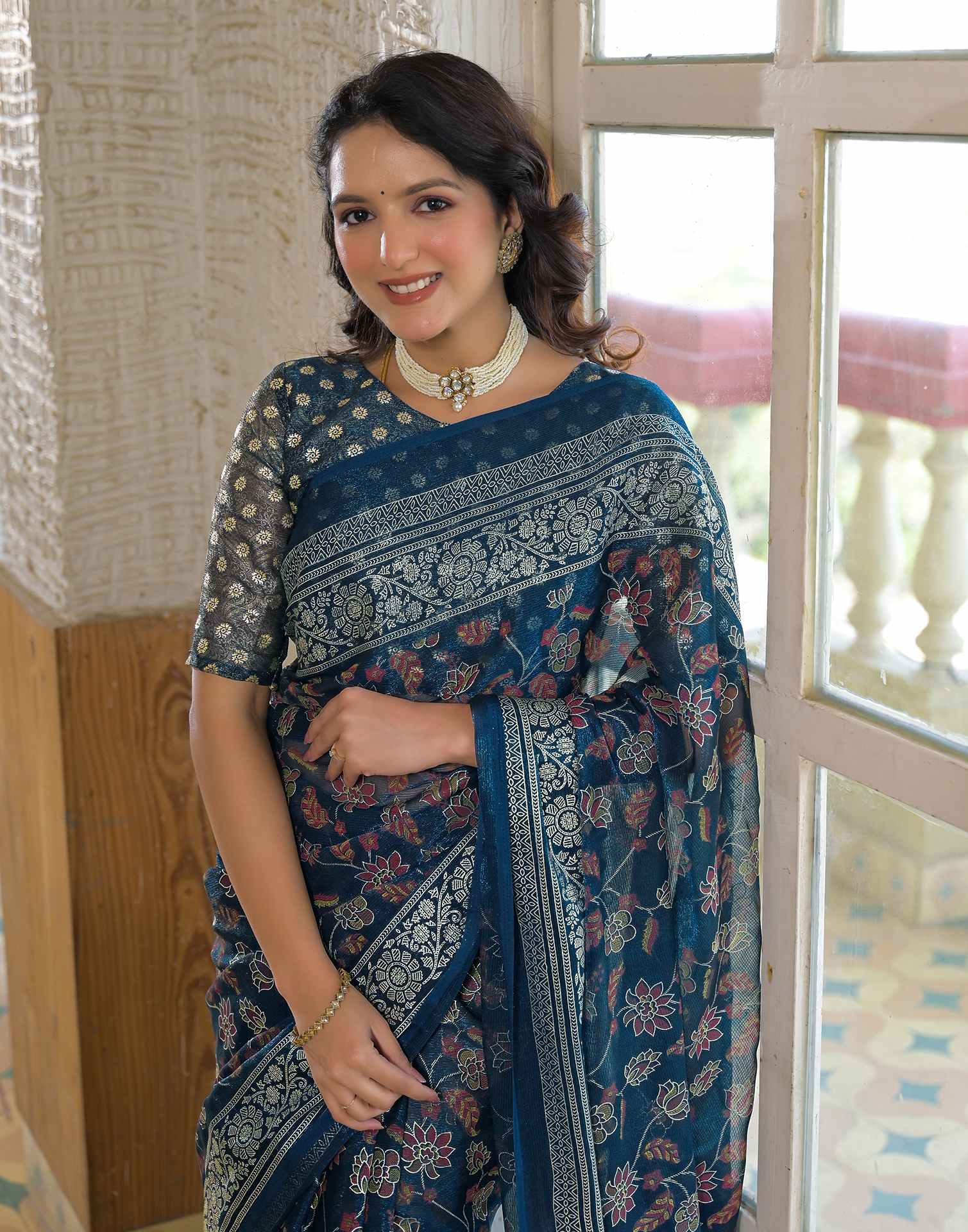 Navy Blue Shimmer Chiffon Foil Printed Saree