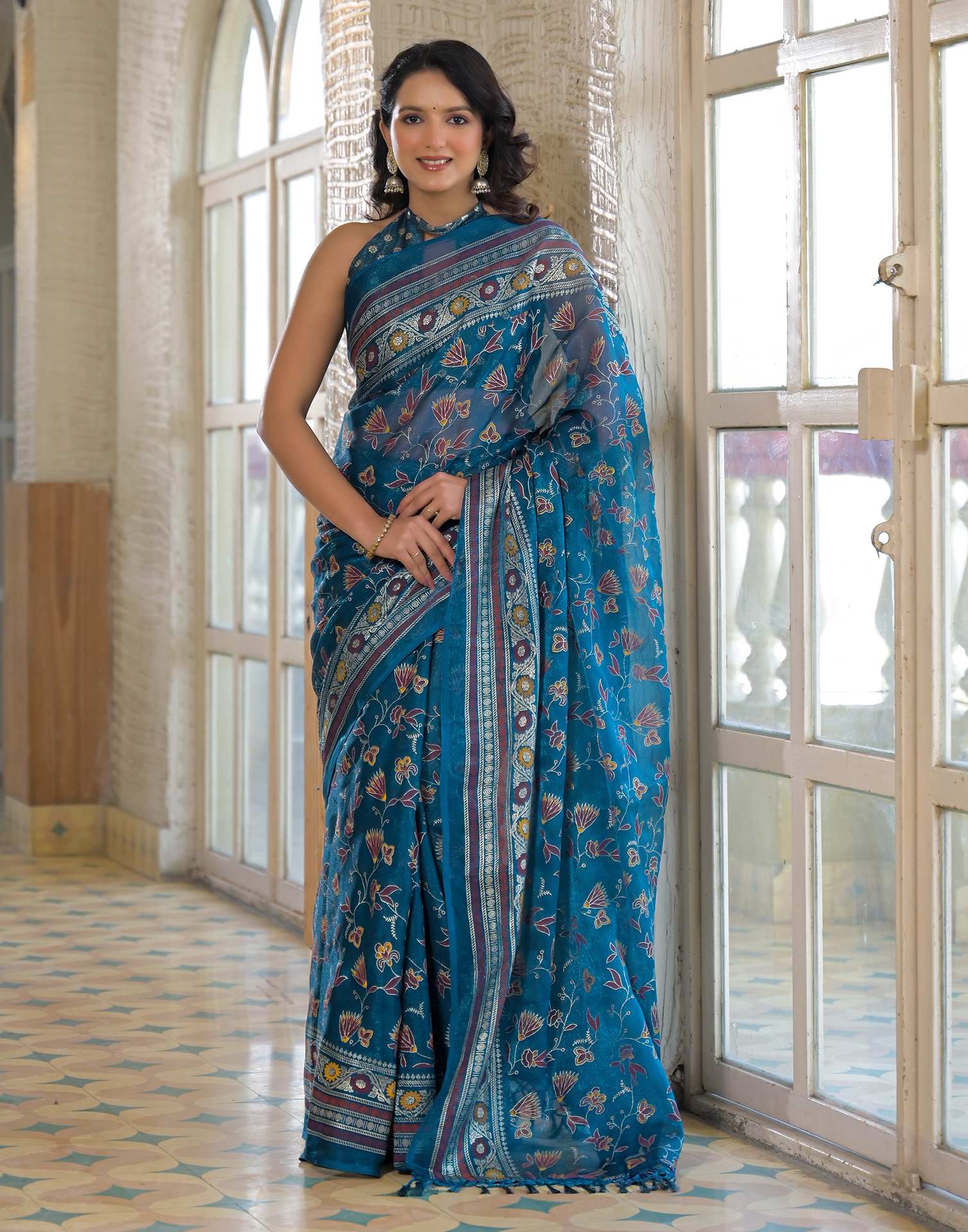 Peacock Blue Shimmer Chiffon Foil Printed Saree