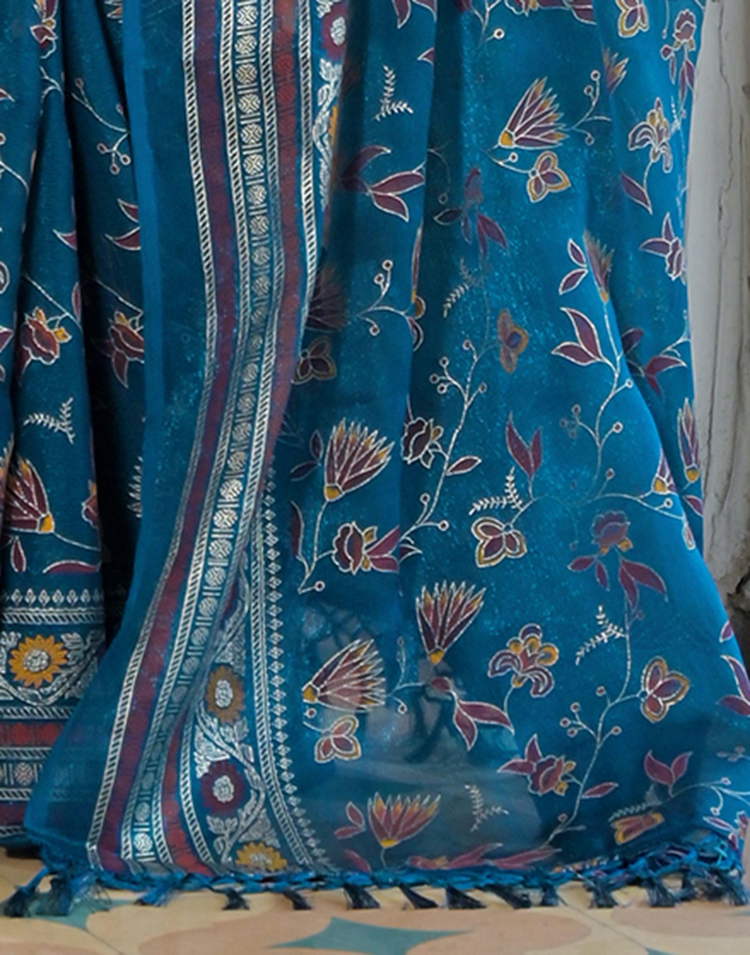 Peacock Blue Shimmer Chiffon Foil Printed Saree