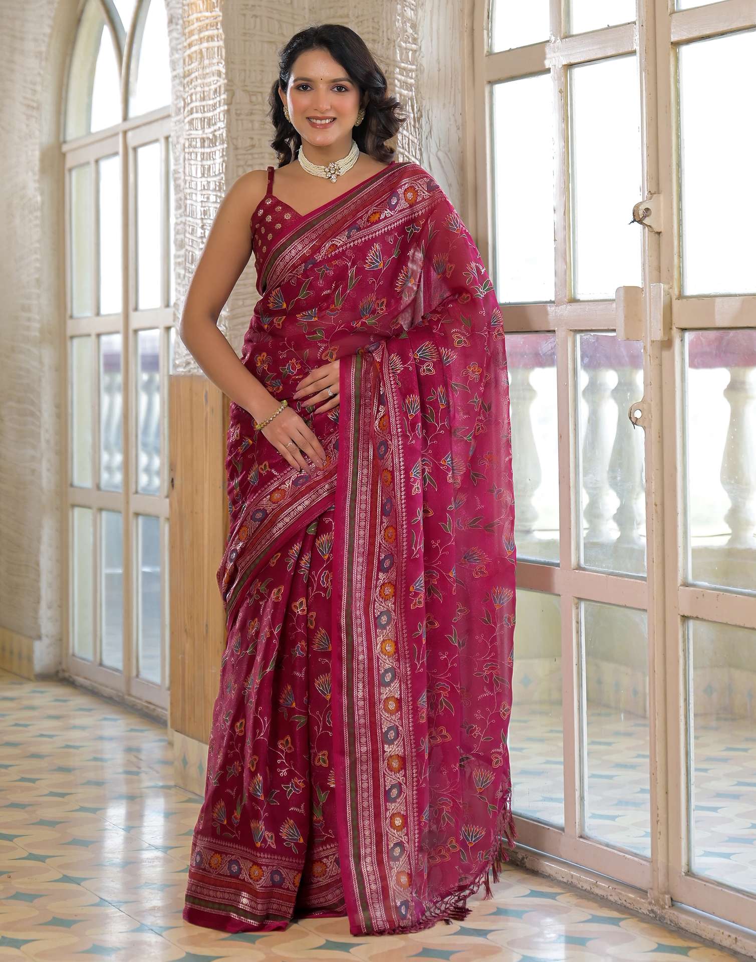 Rani Pink Shimmer Chiffon Foil Printed Saree