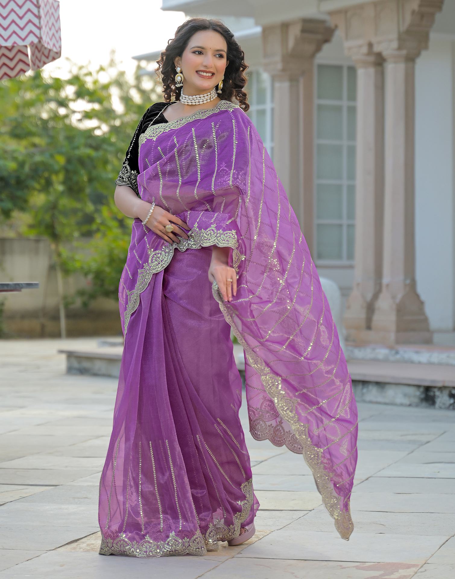 Light Purple Net Sequence Embroidery Saree
