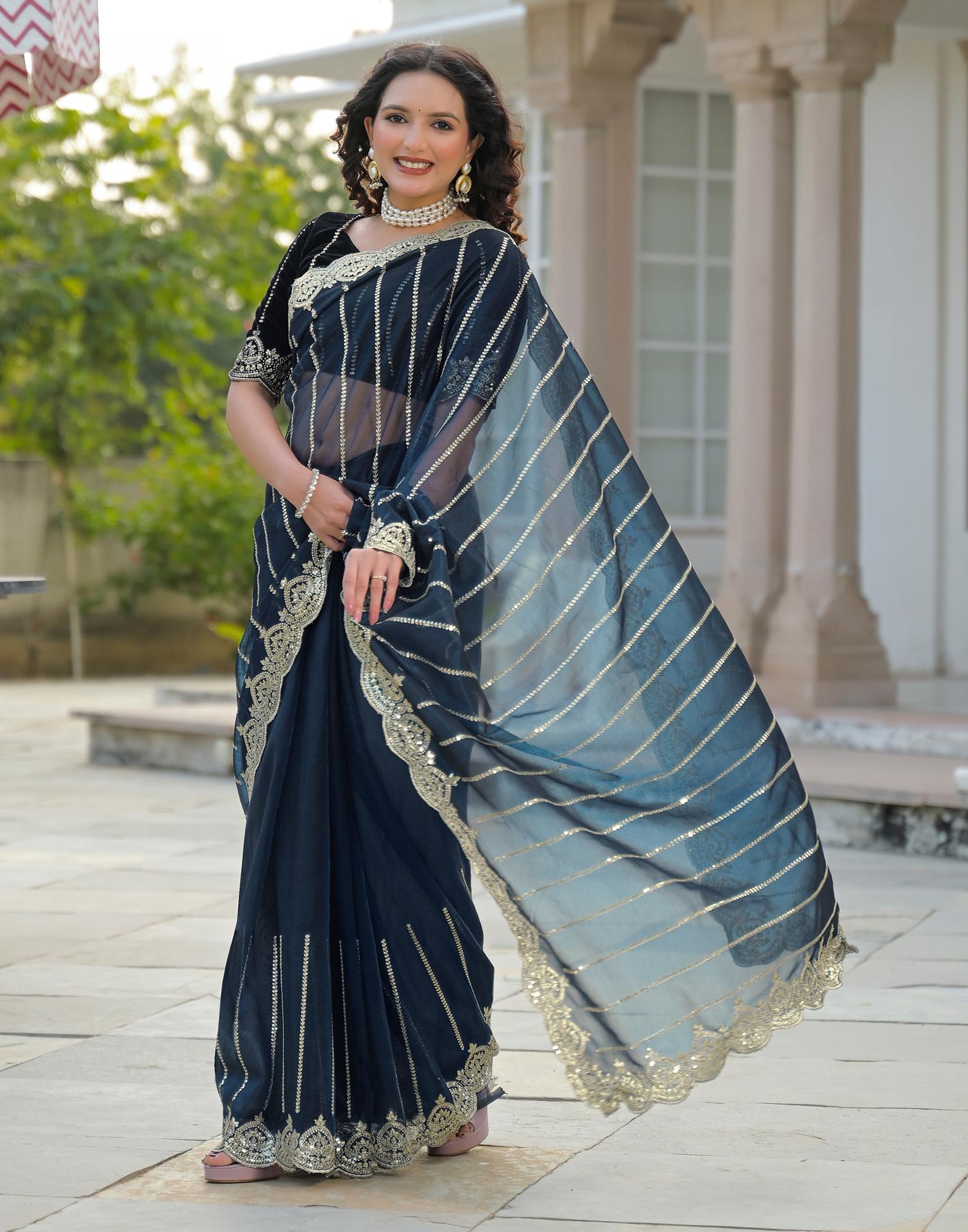Navy Blue Net Sequence Embroidery Saree