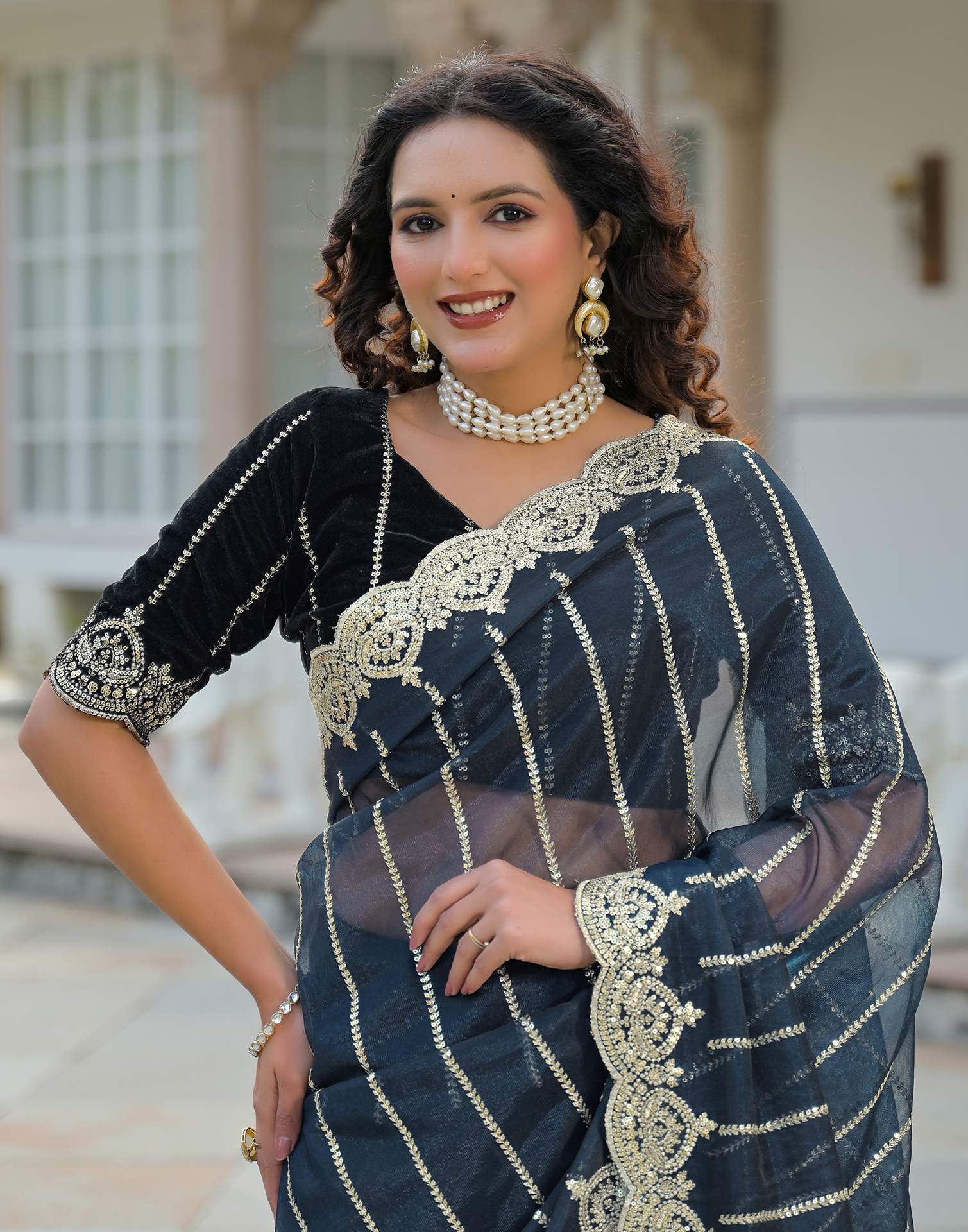 Navy Blue Net Sequence Embroidery Saree