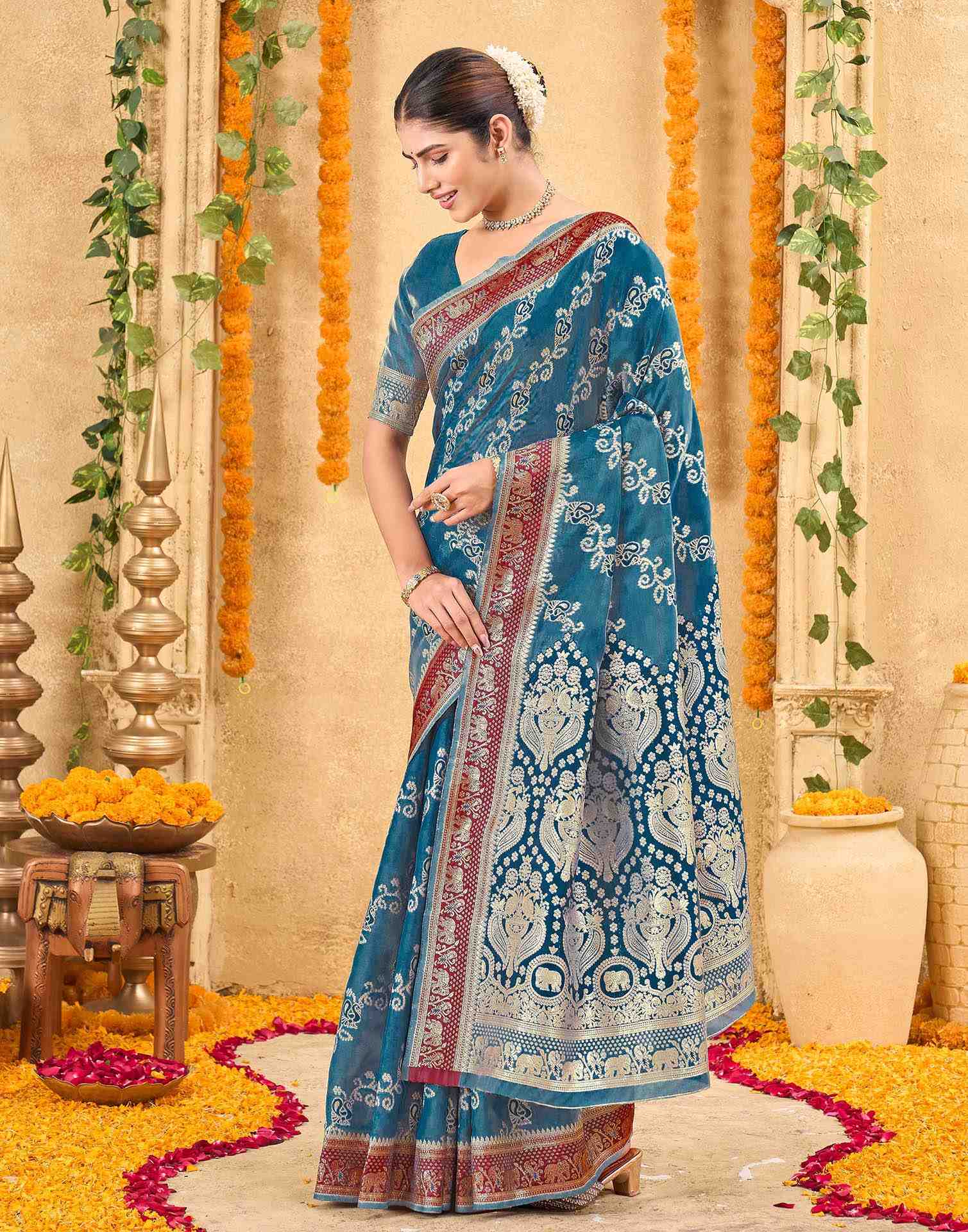 Teal Blue Silk Woven Banarasi Saree