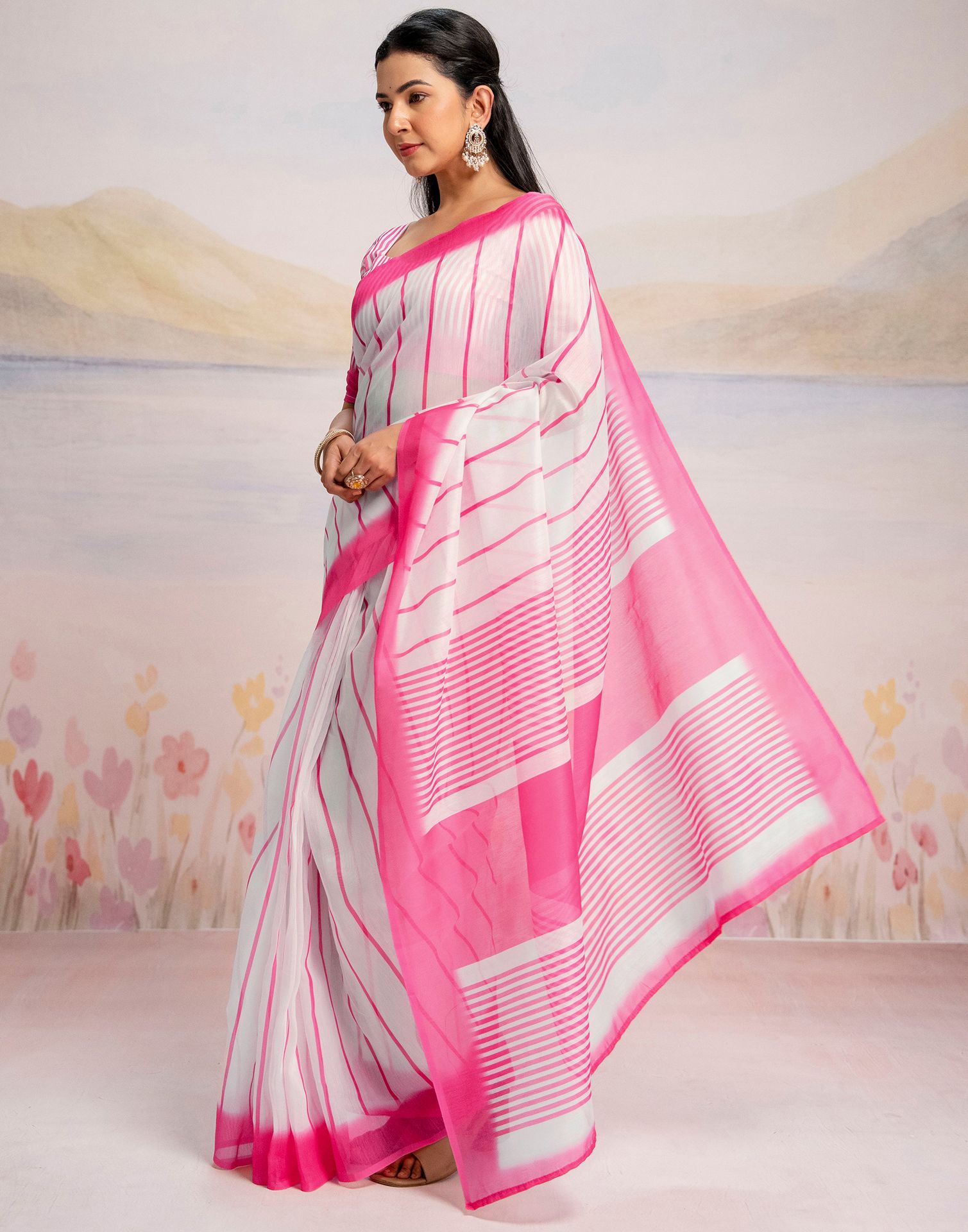 Ready To Wear White Linen Printed Saree