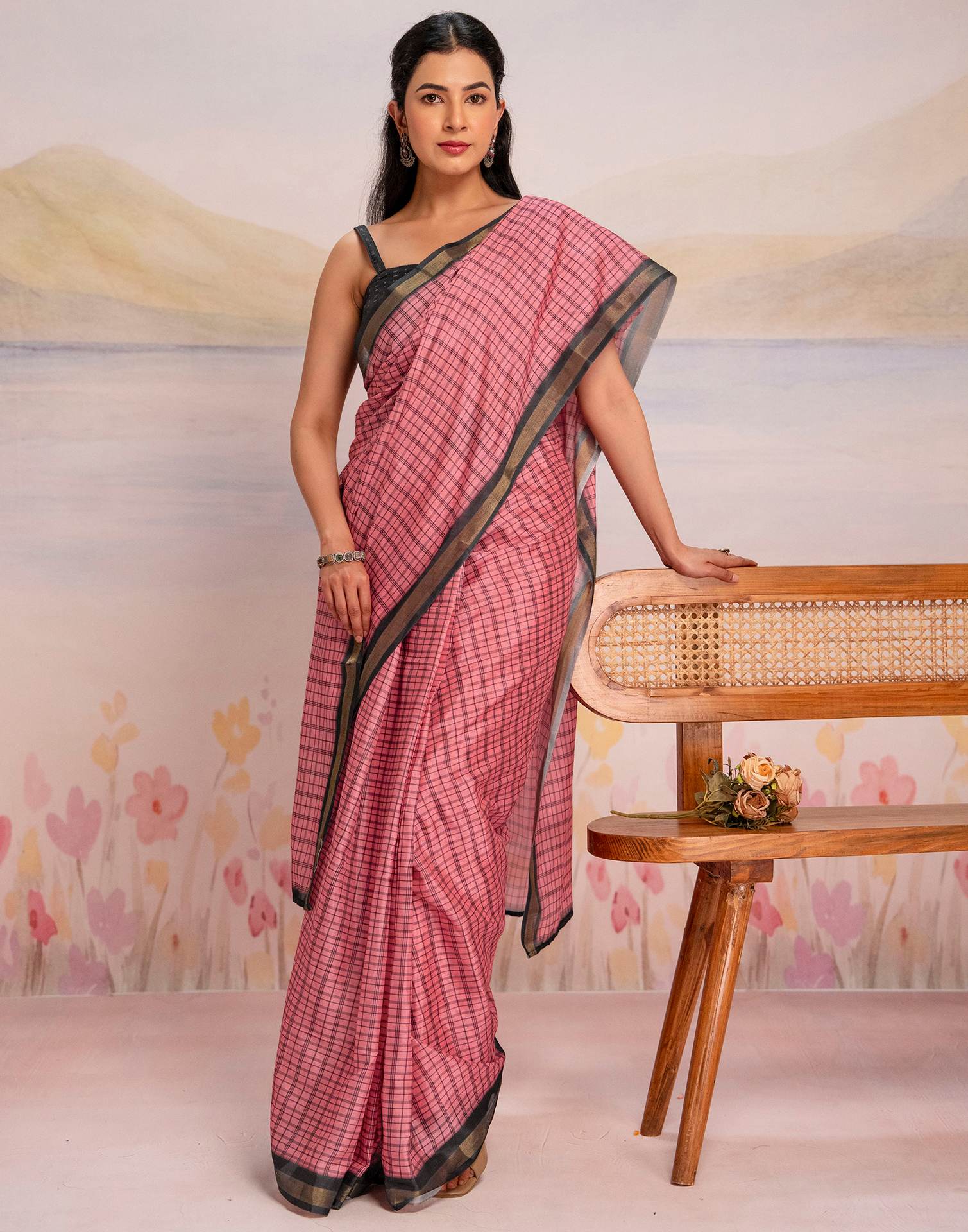 Ready To Wear Rose Pink Linen Printed Saree
