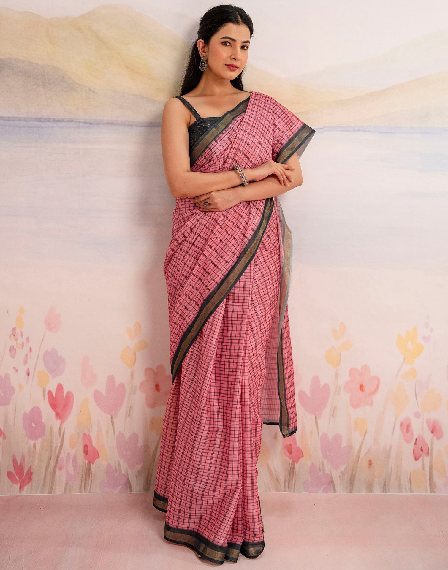 Ready To Wear Rose Pink Linen Printed Saree