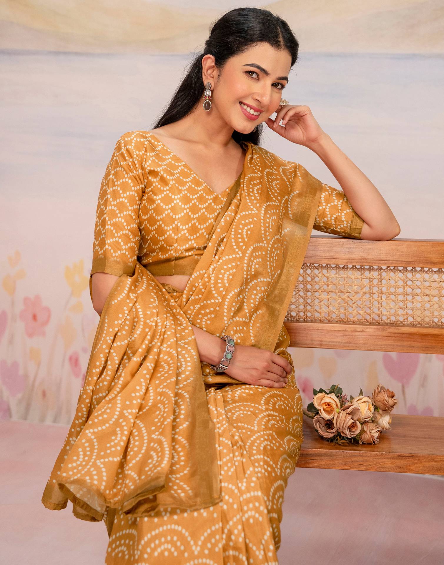 Ready To Wear Light Mustard Linen Printed Saree