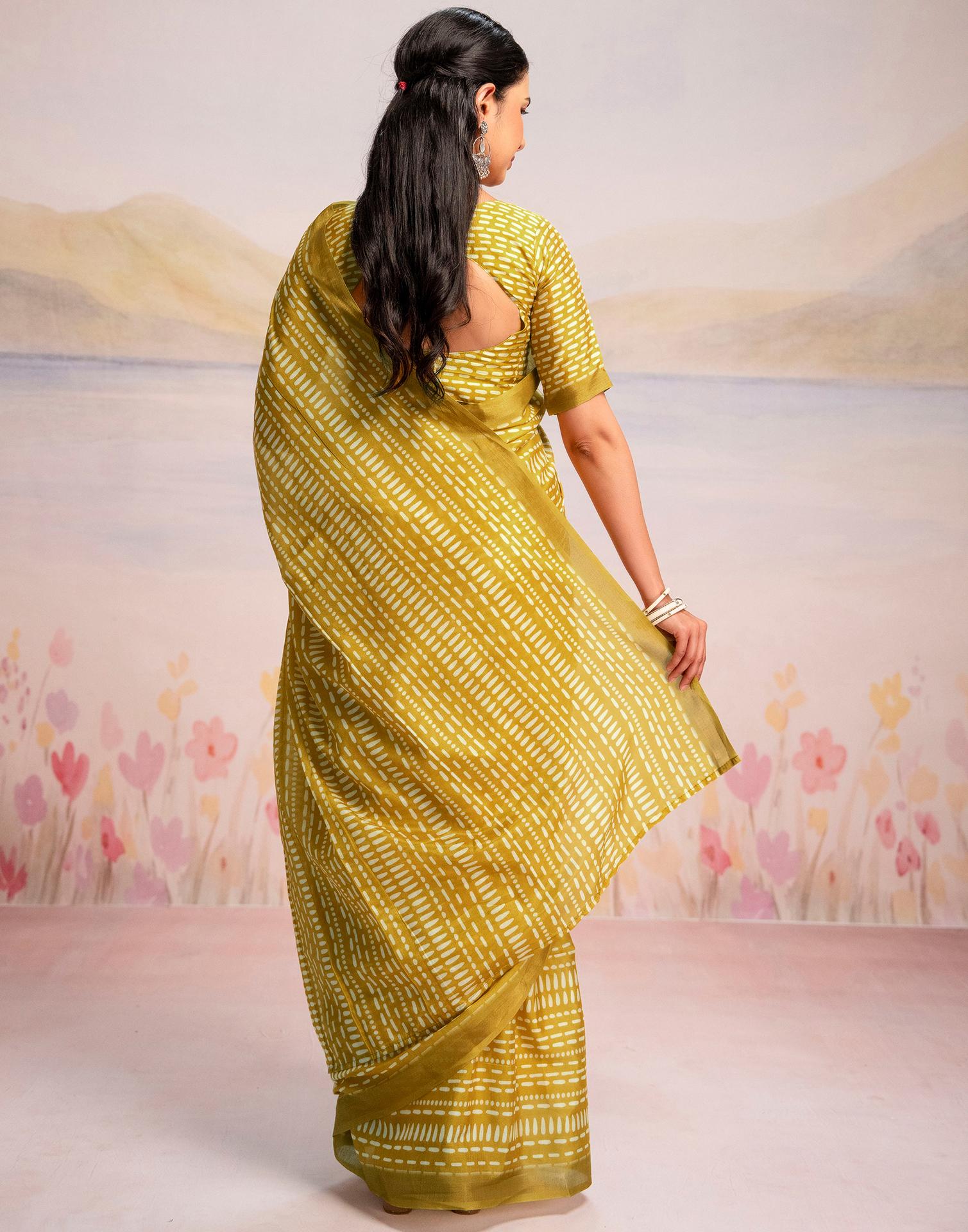 Ready To Wear Lime Yellow Linen Printed Saree