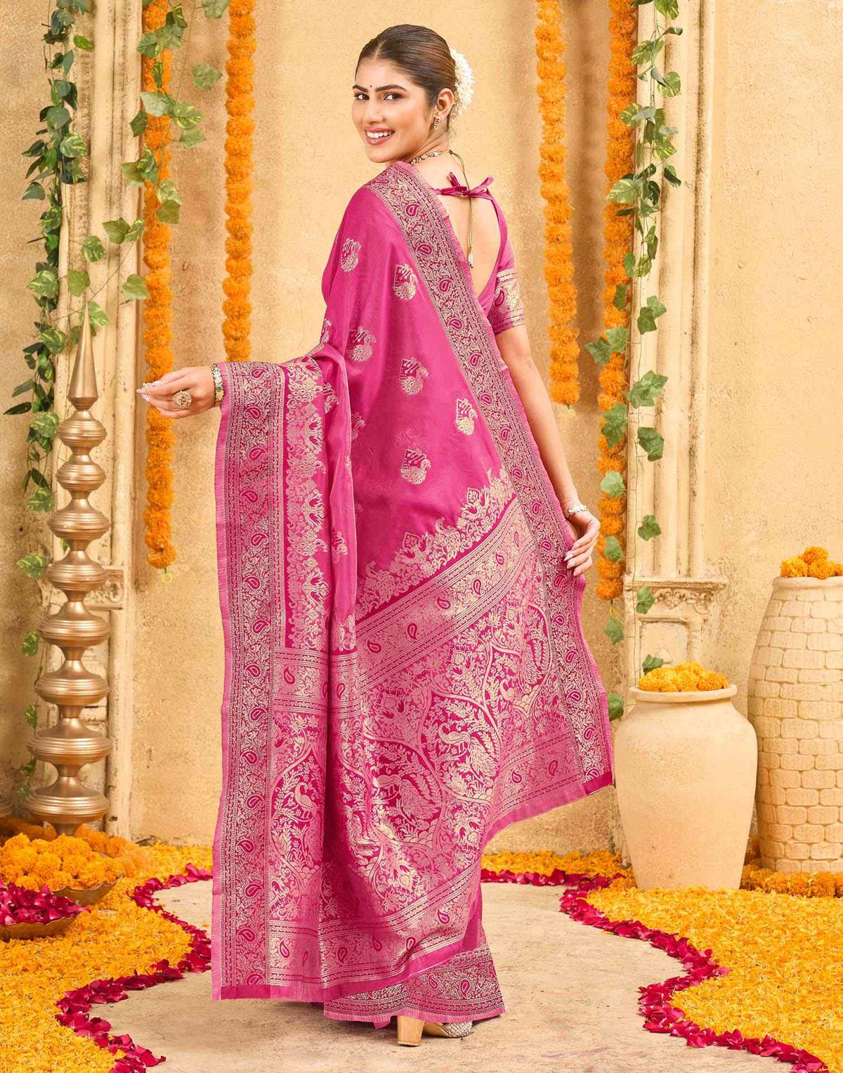 Pink Silk Woven Banarasi Saree