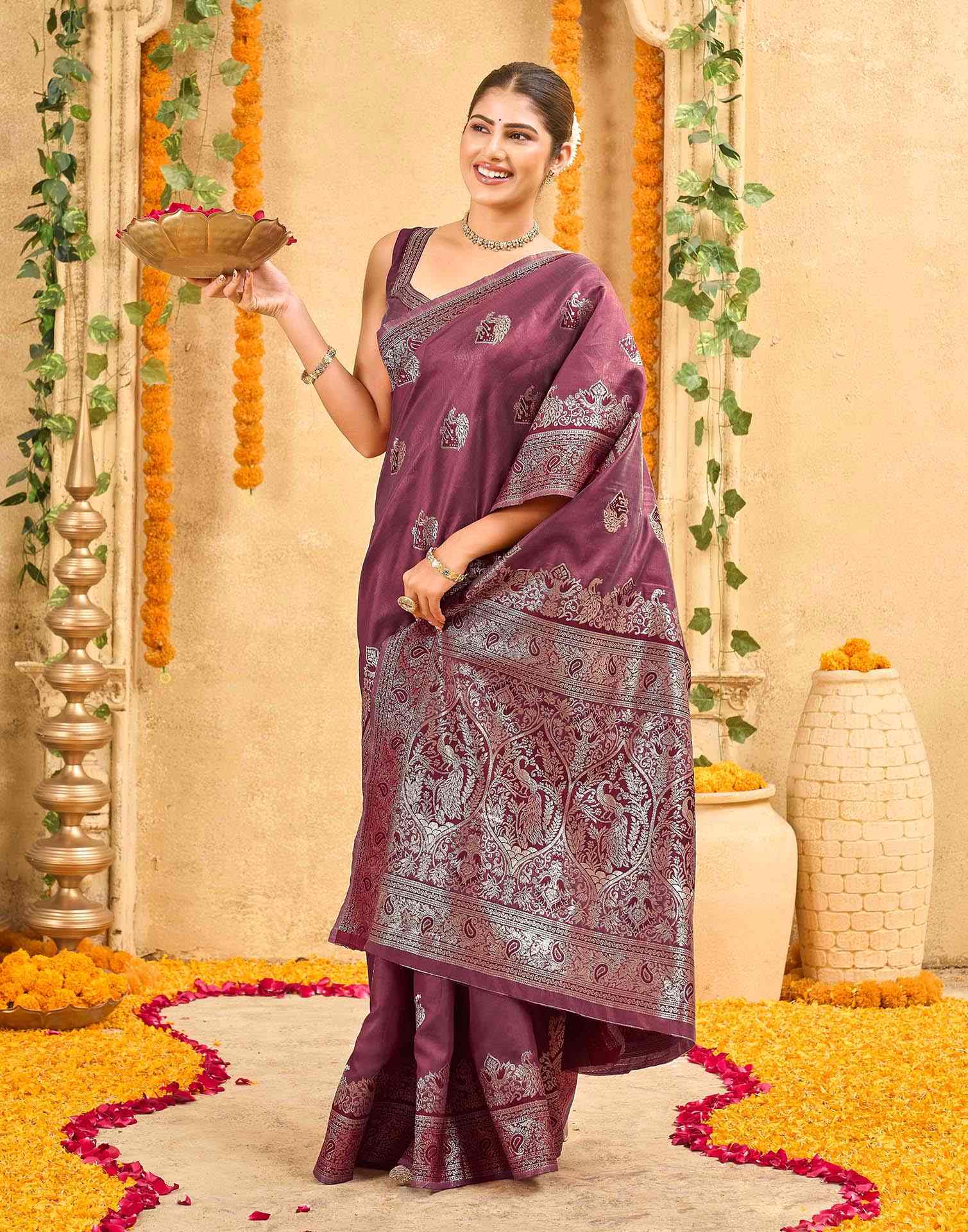 Maroon Silk Woven Banarasi Saree