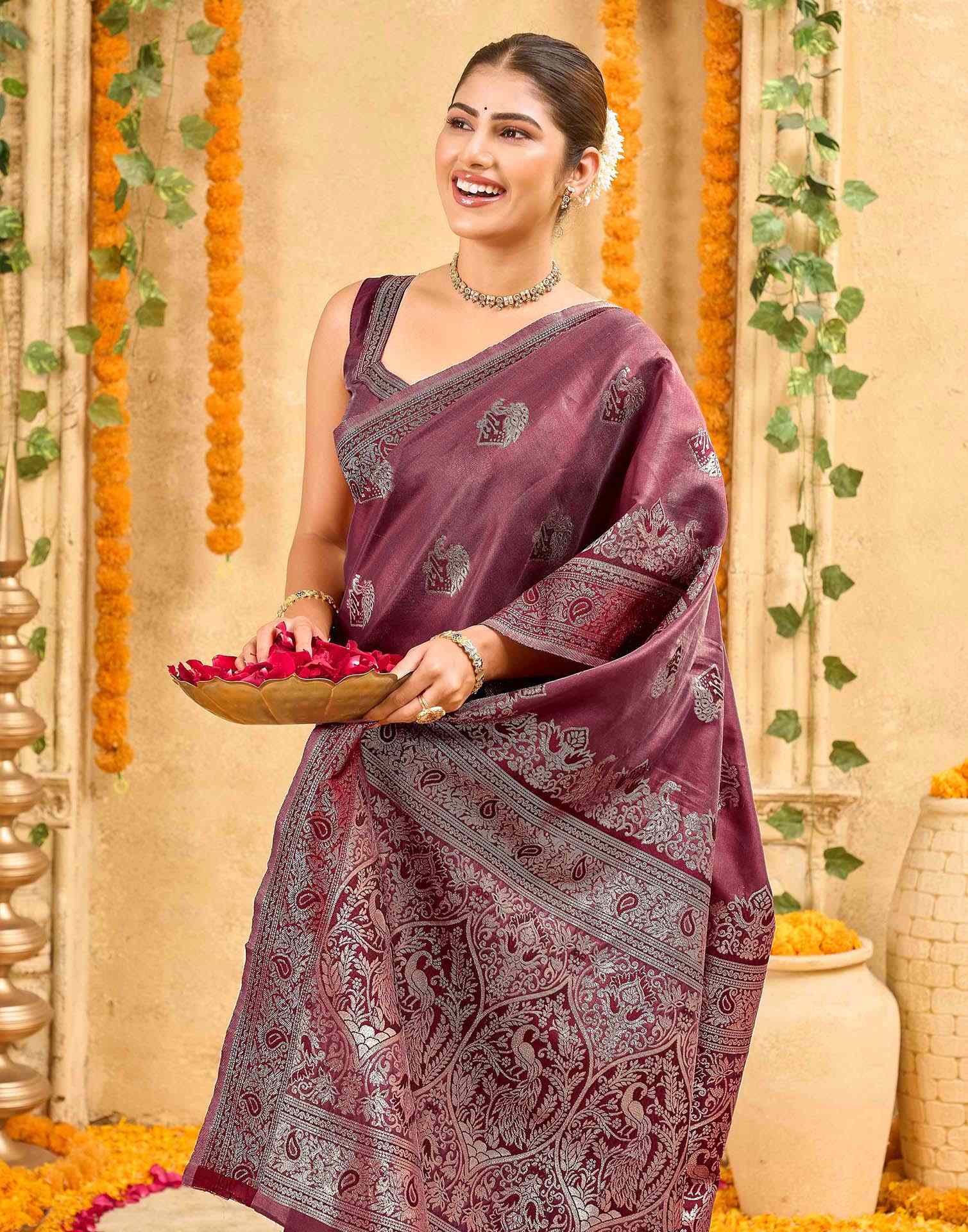 Maroon Silk Woven Banarasi Saree