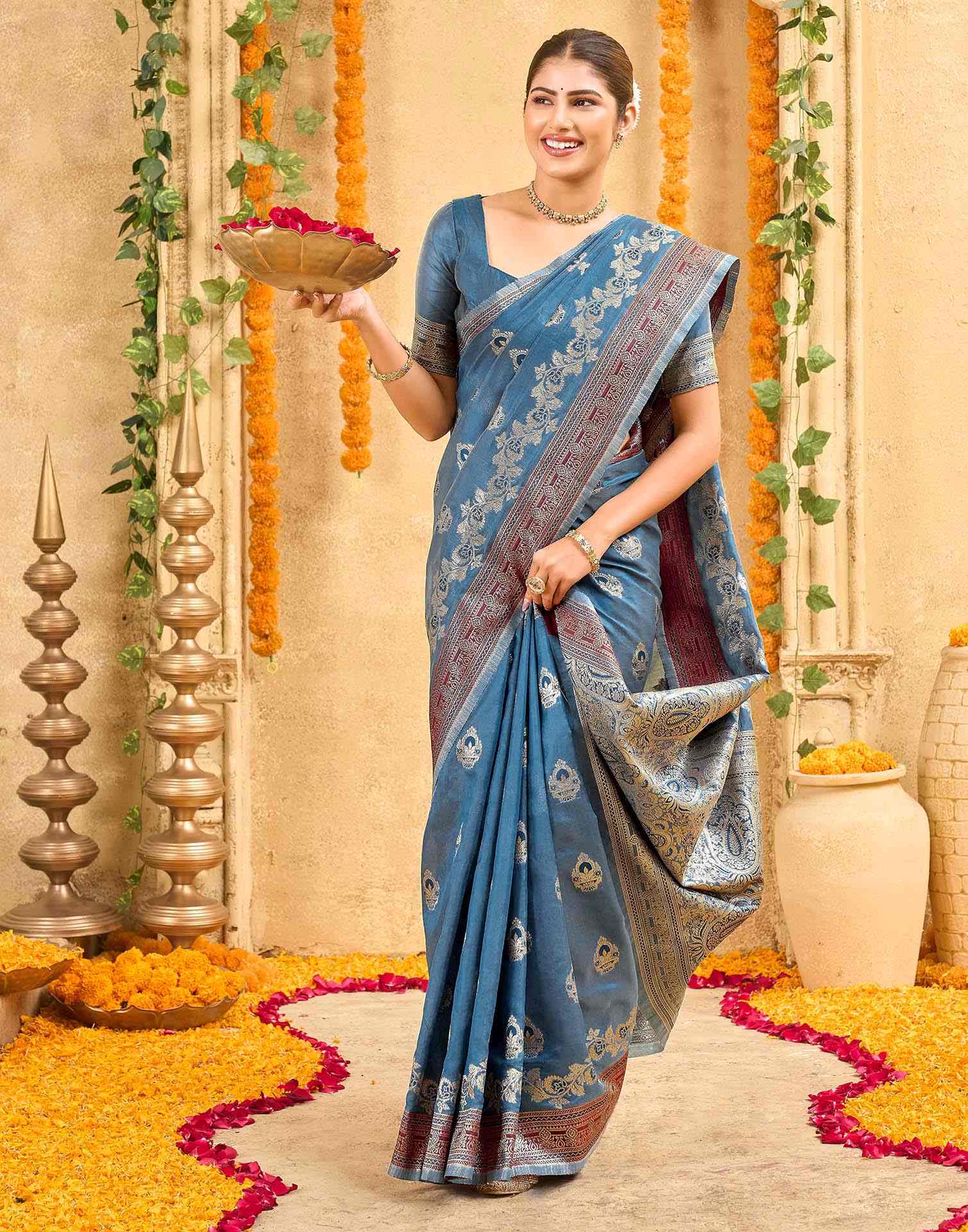 Teal Blue Silk Woven Banarasi Saree