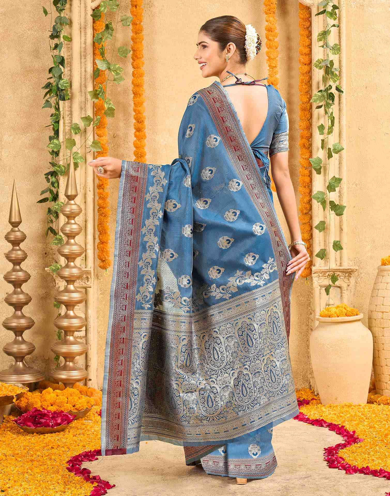 Teal Blue Silk Woven Banarasi Saree
