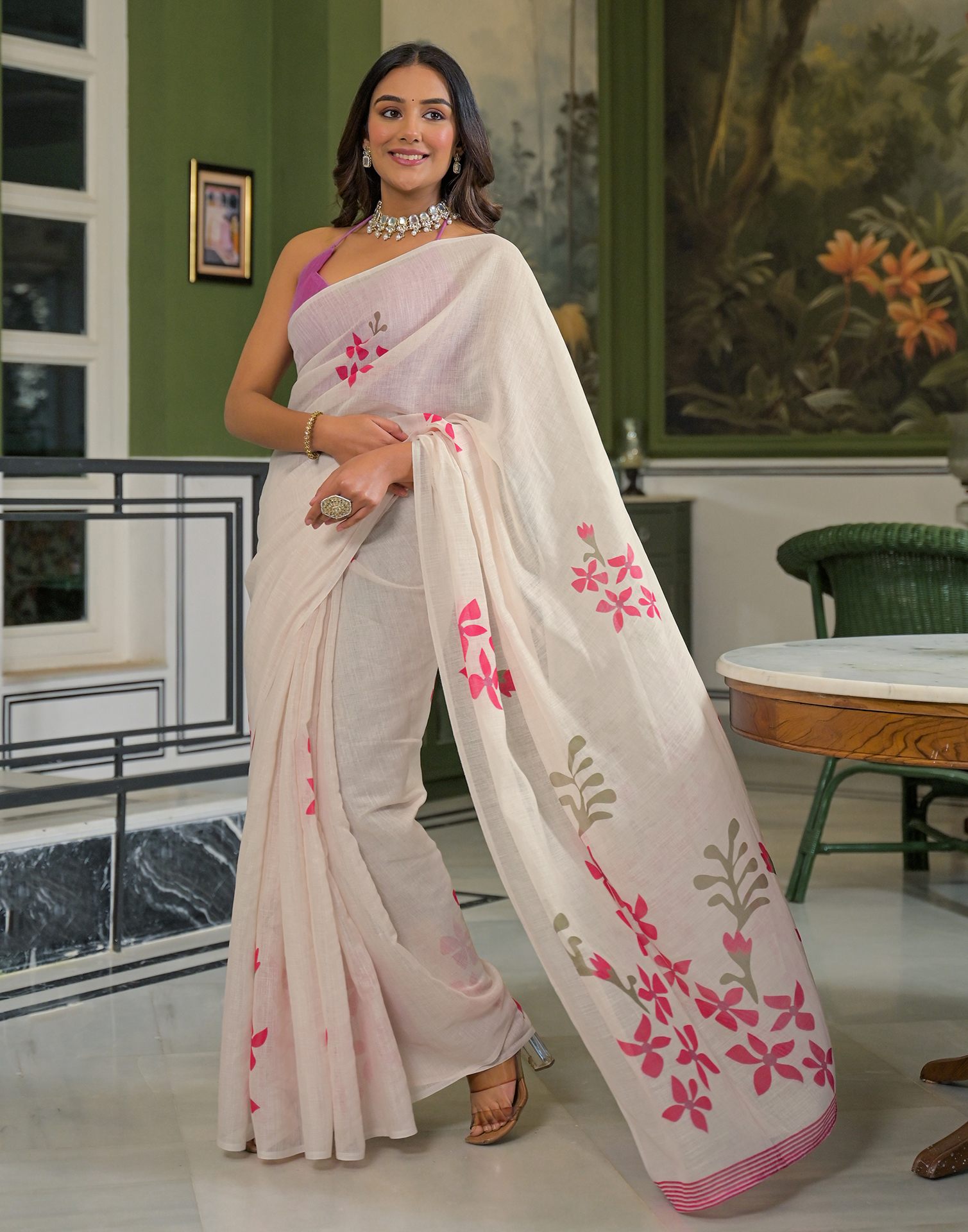 Beige Linen Floral Printed Saree