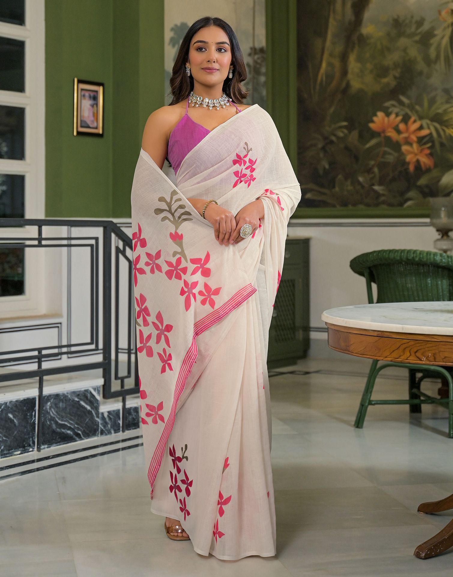 Beige Linen Floral Printed Saree
