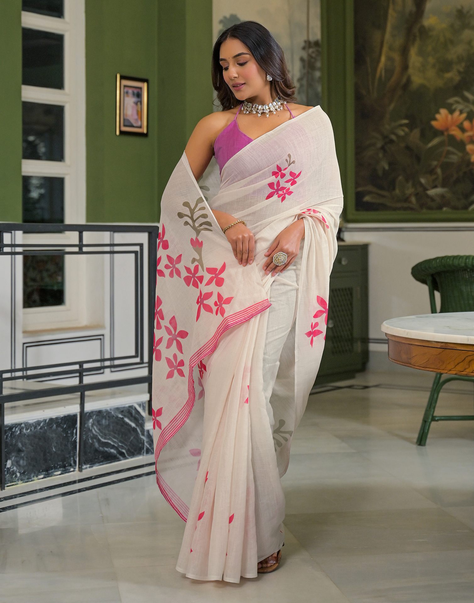 Beige Linen Floral Printed Saree