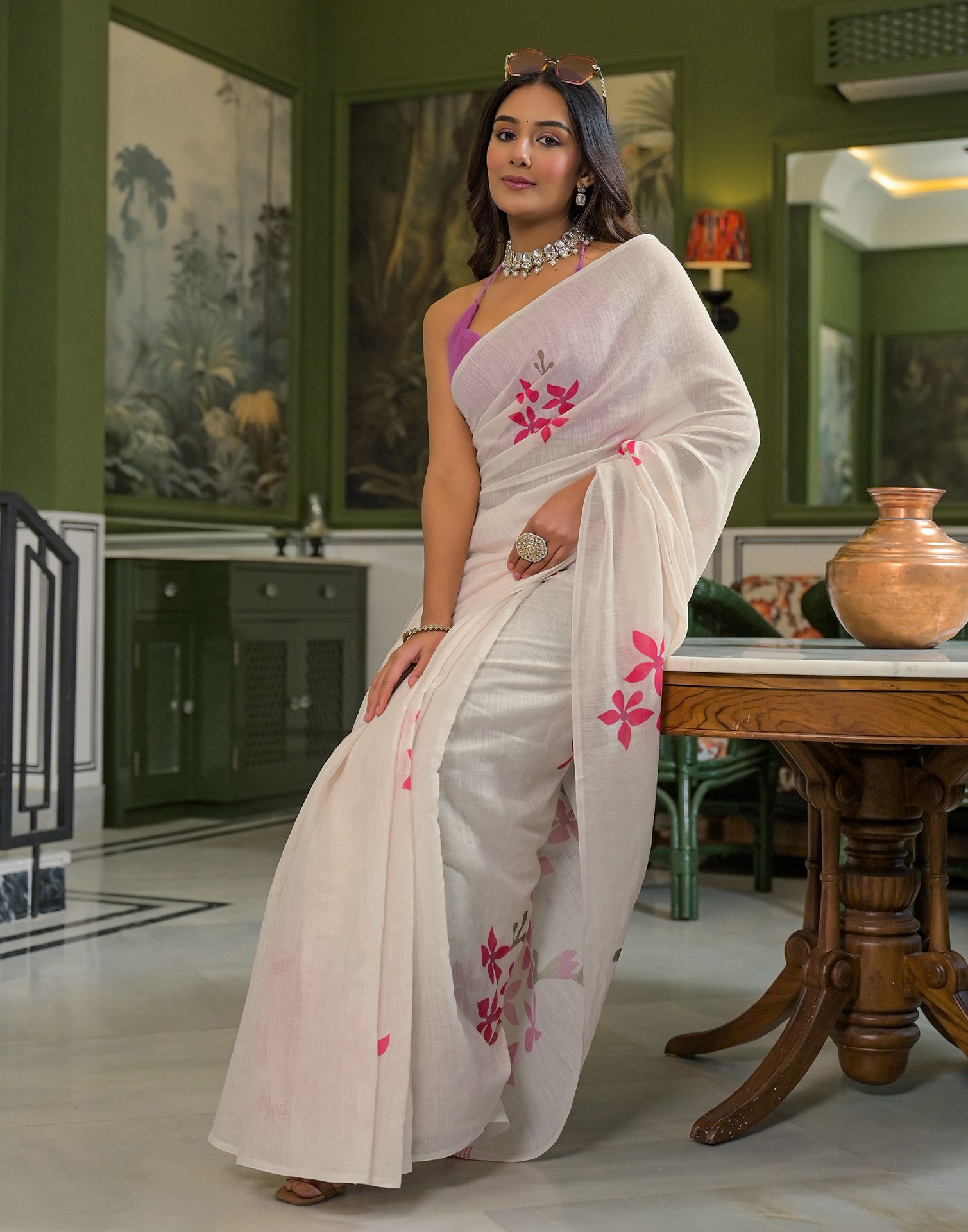 Beige Linen Floral Printed Saree