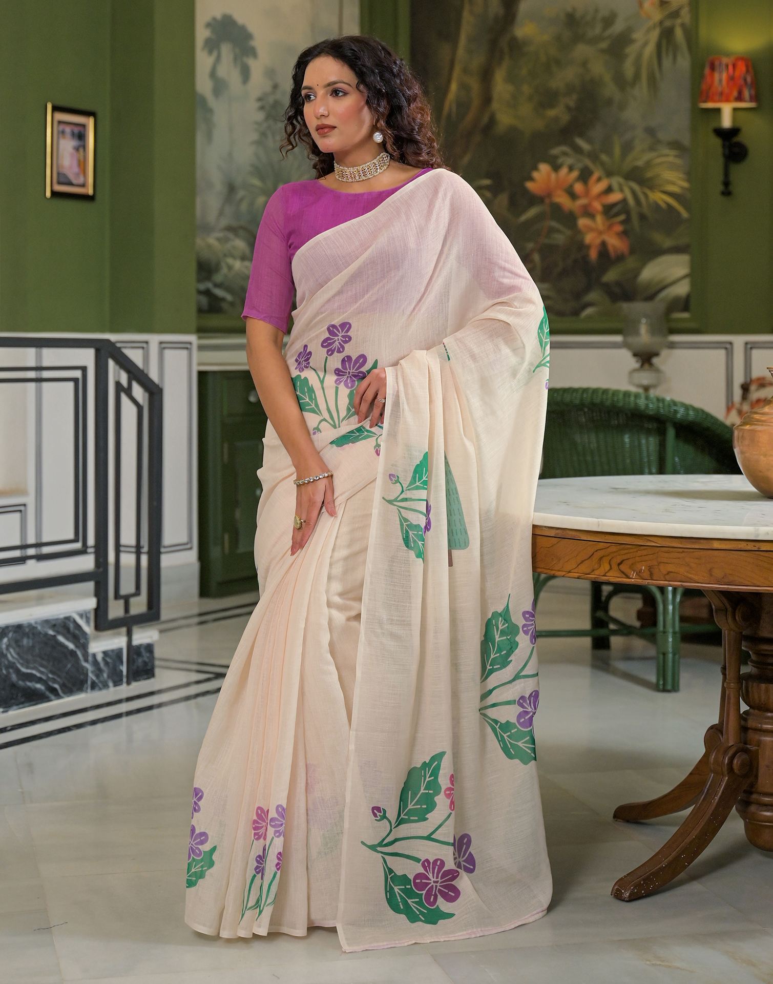 Beige Linen Floral Printed Saree