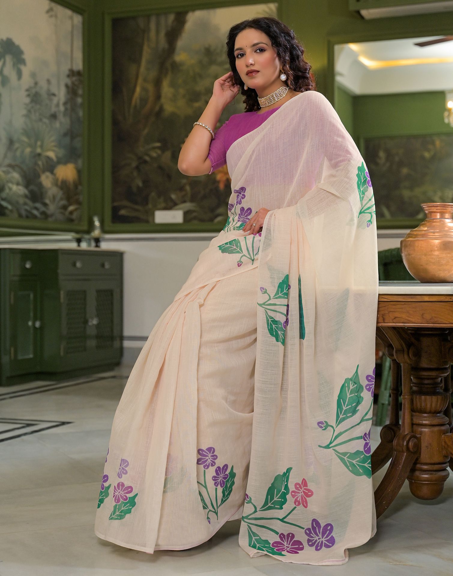 Beige Linen Floral Printed Saree