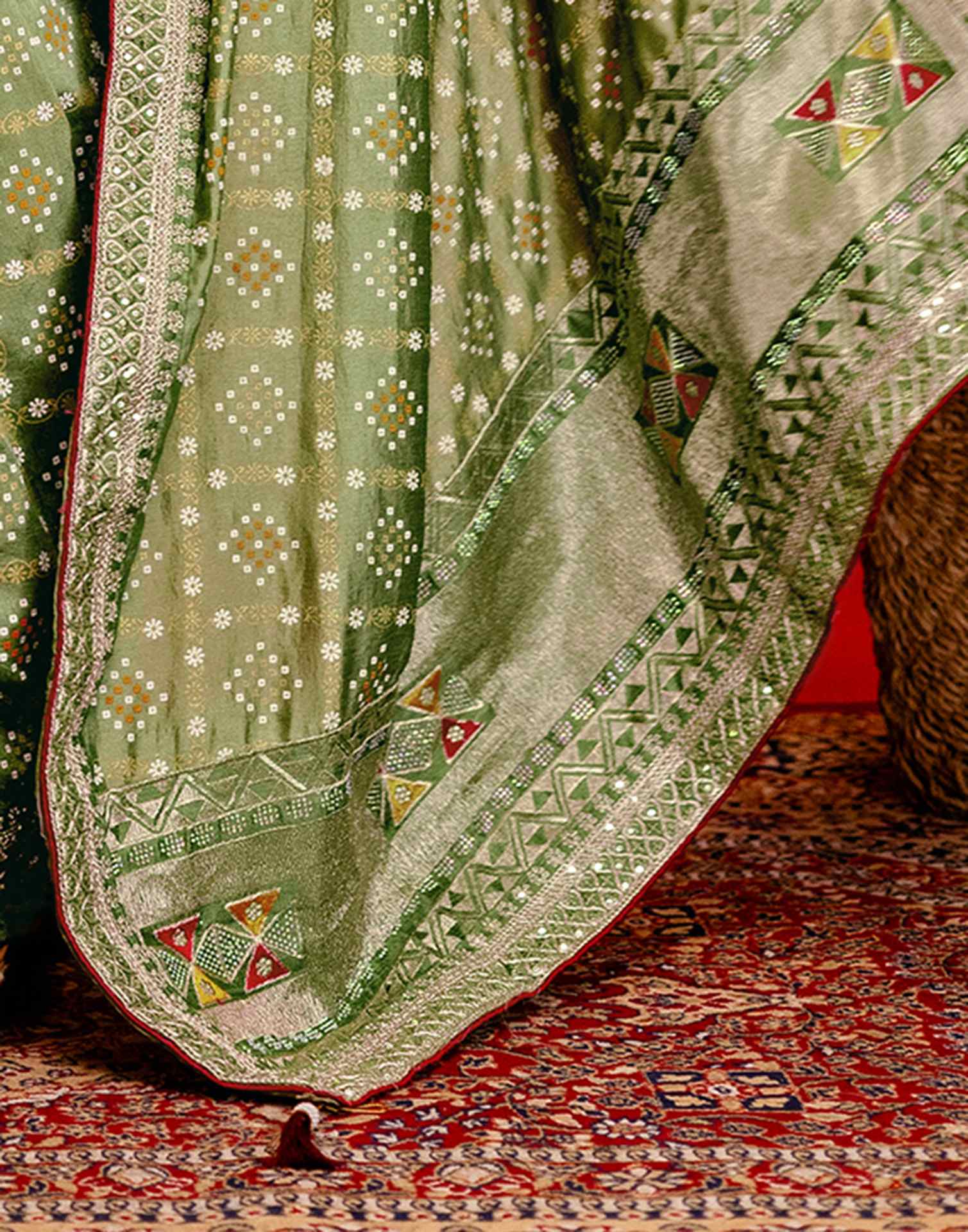 Light Mehandi Green Silk Bandhani Printed Saree