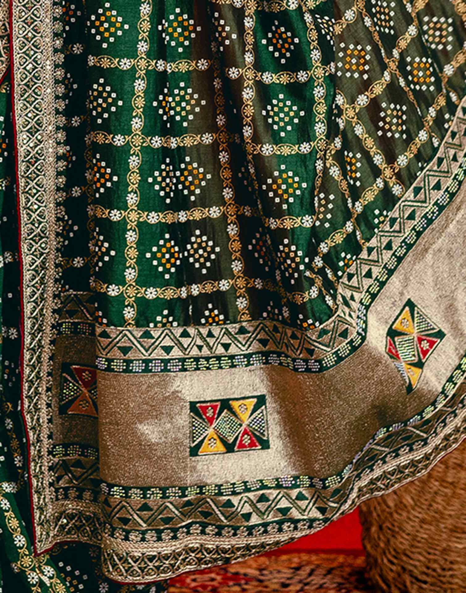 Dark Green Silk Bandhani Printed Saree