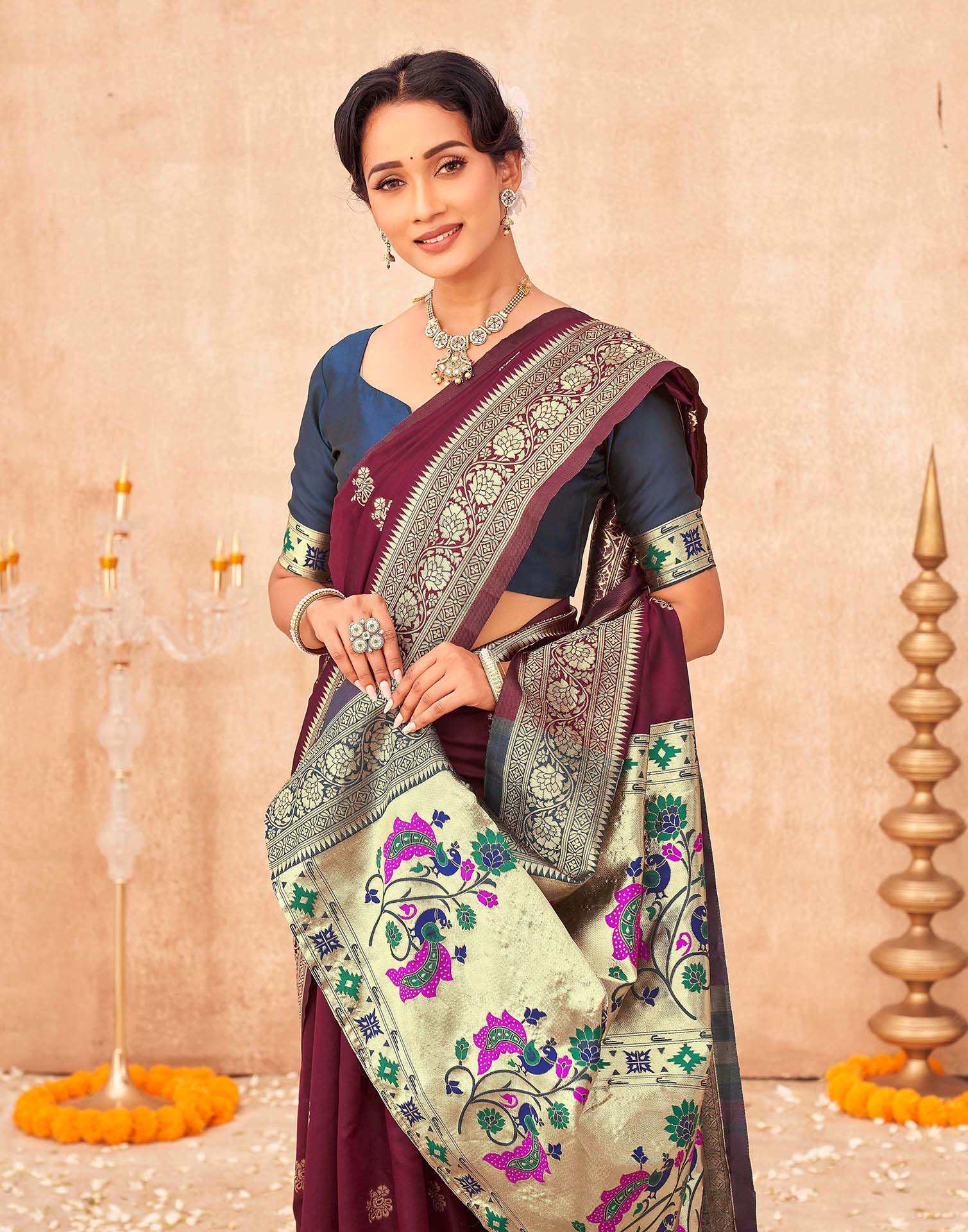 Maroon Silk Woven Paithani Saree