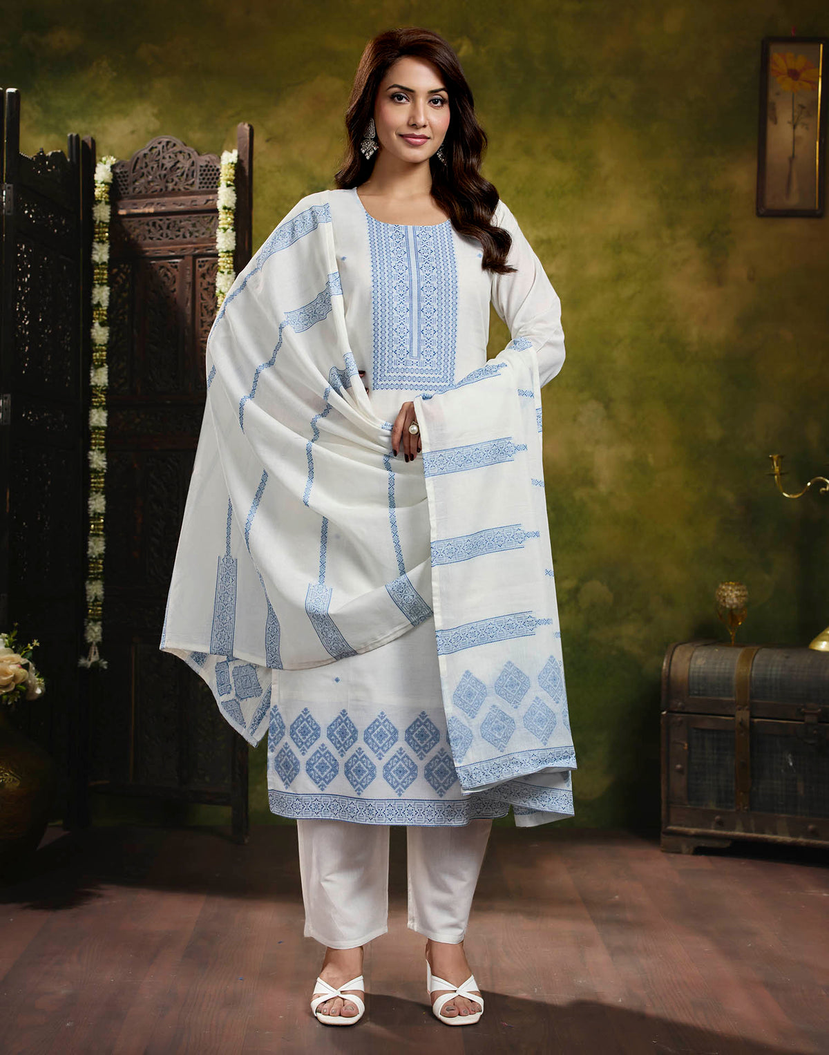 White Pure Cotton Woven Straight Kurta Set With Dupatta