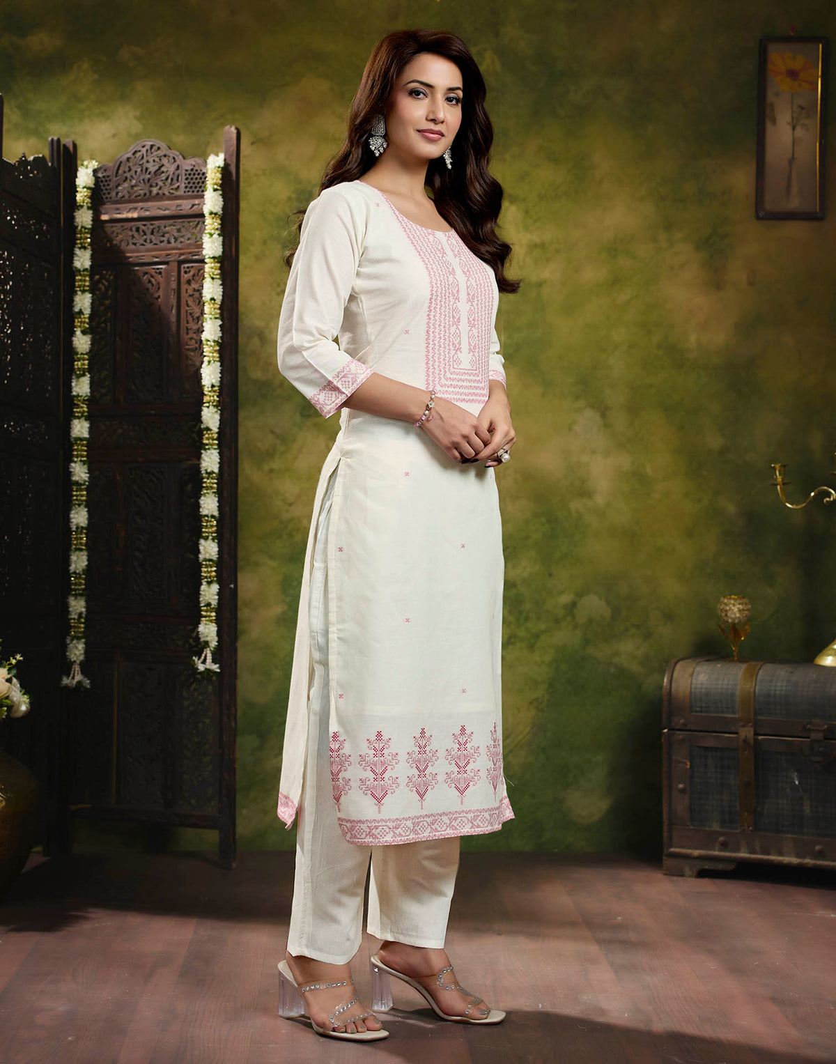 White Pure Cotton Woven Straight Kurta Set With Dupatta