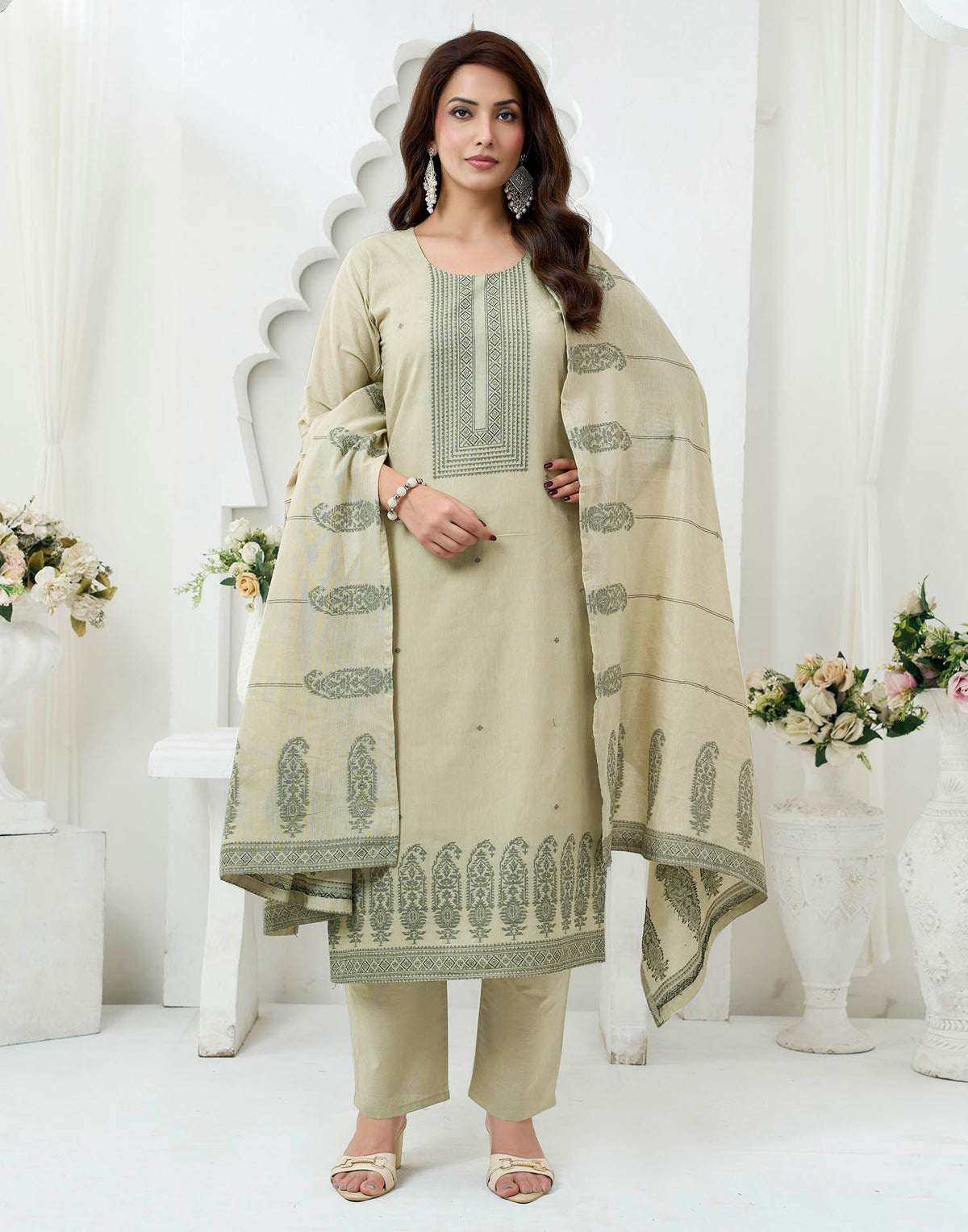 Beige Pure Cotton Woven Straight Kurta Set With Dupatta
