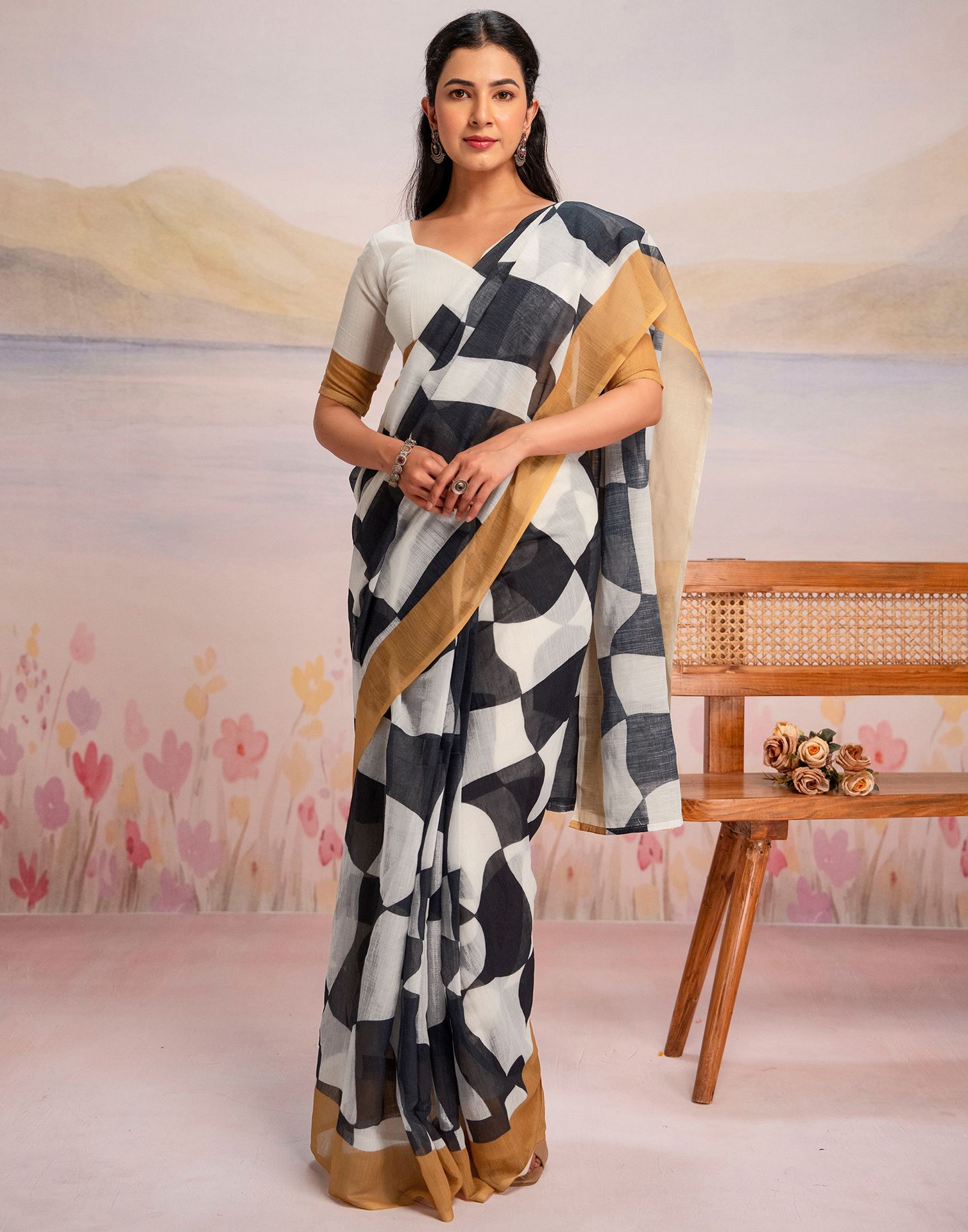 Ready To Wear White Linen Printed Saree