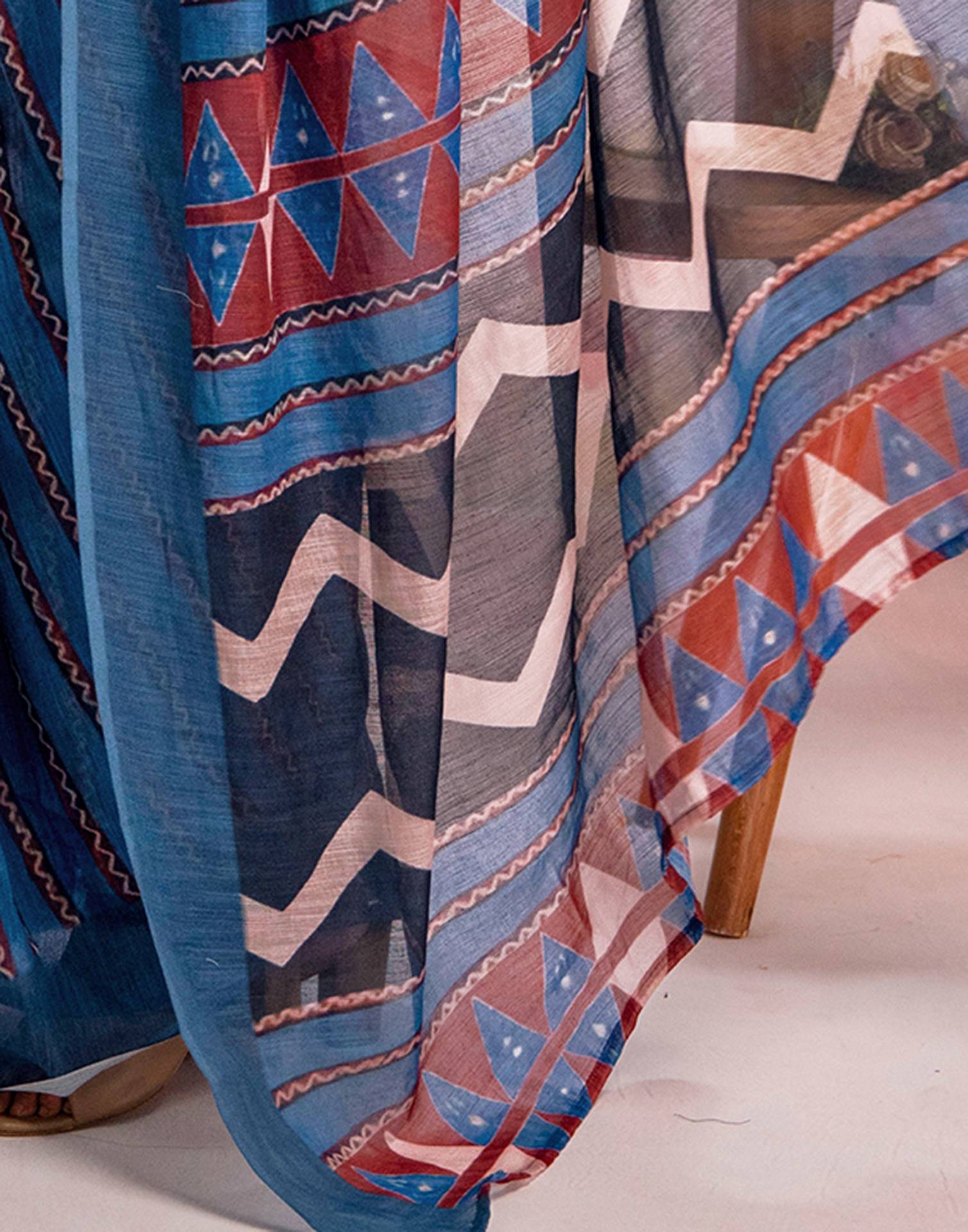 Ready To Wear Blue Linen Printed Saree