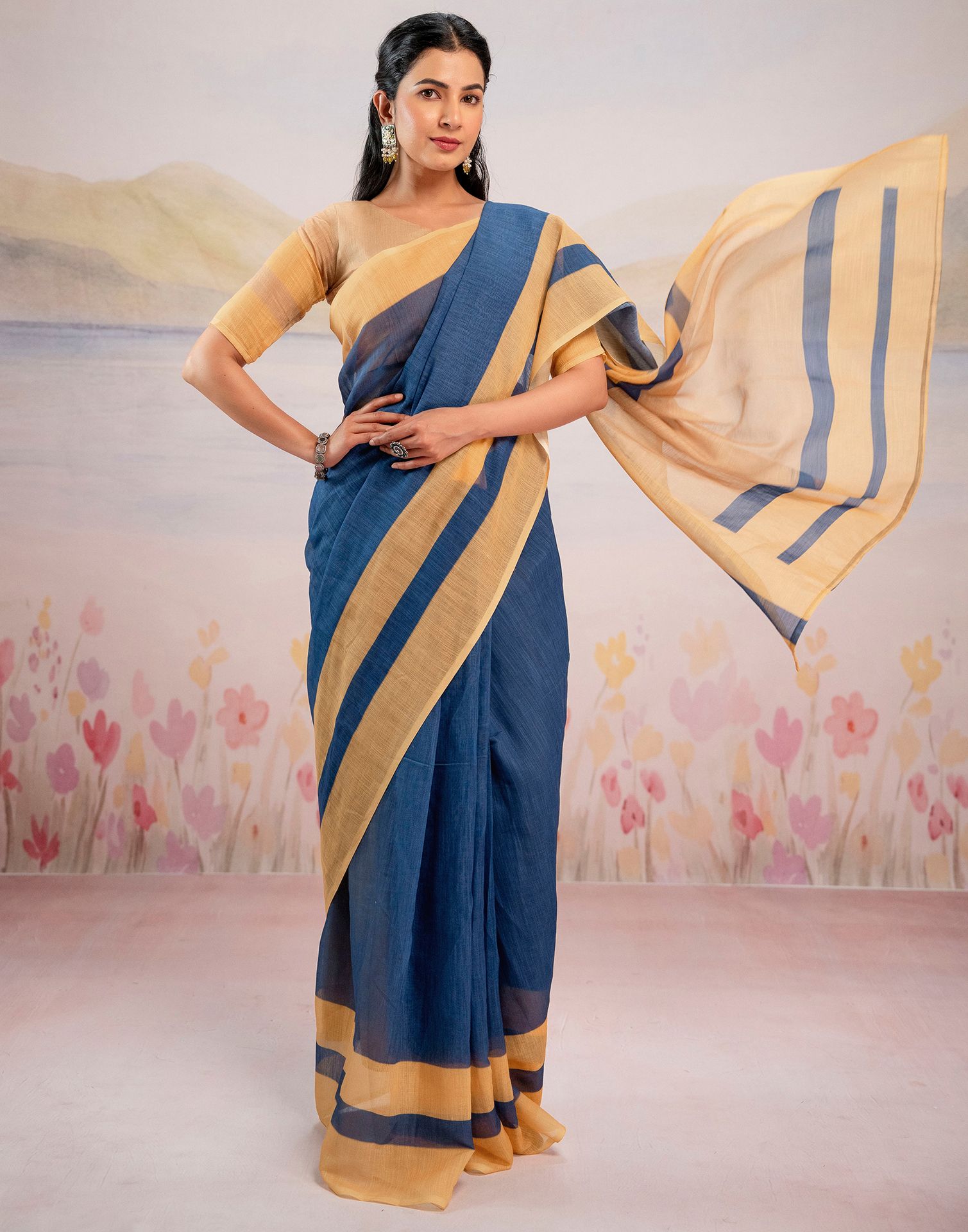 Ready To Wear Blue Linen Printed Saree
