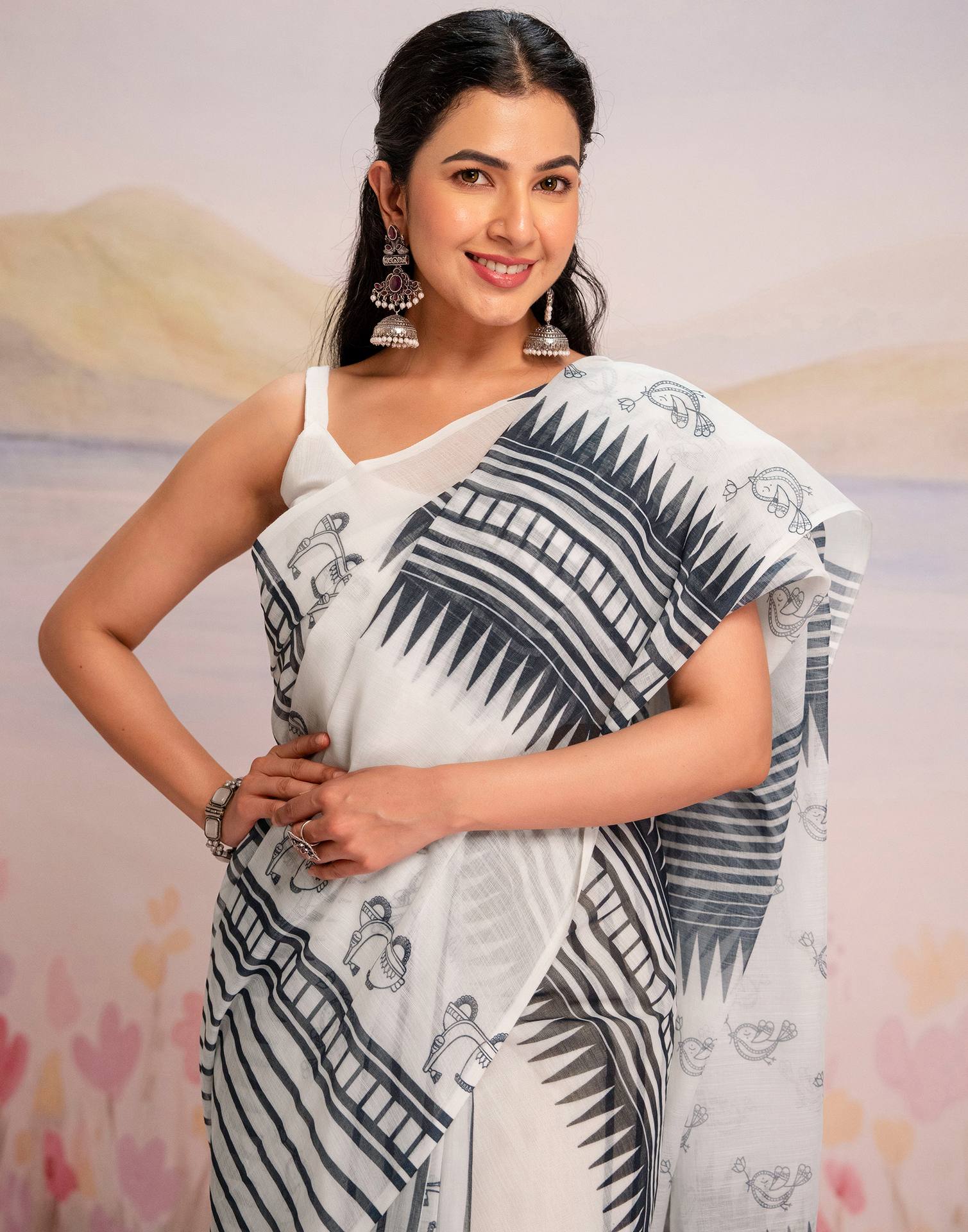 Ready To Wear White Linen Printed Saree