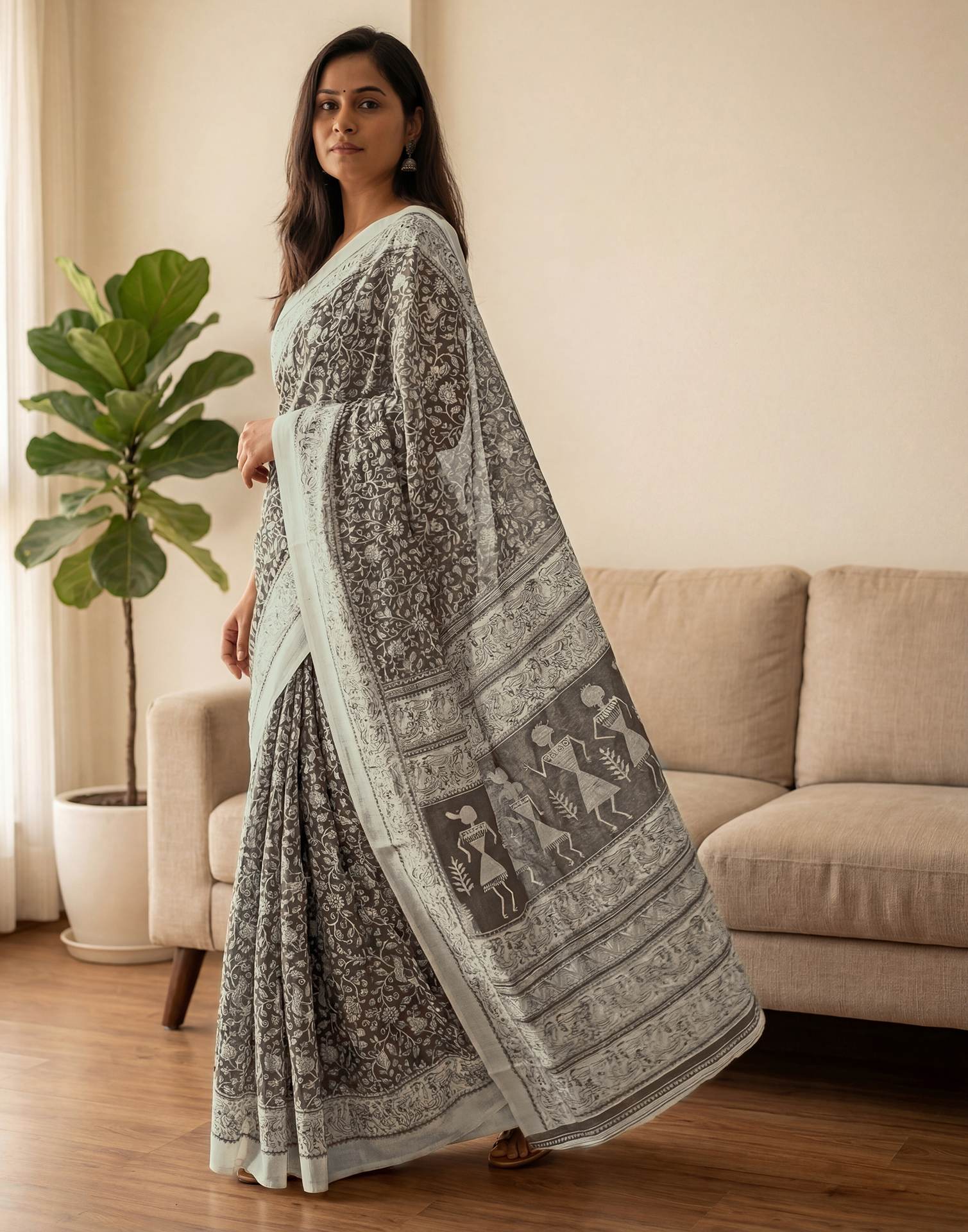 Brown Kota Silk Printed Saree