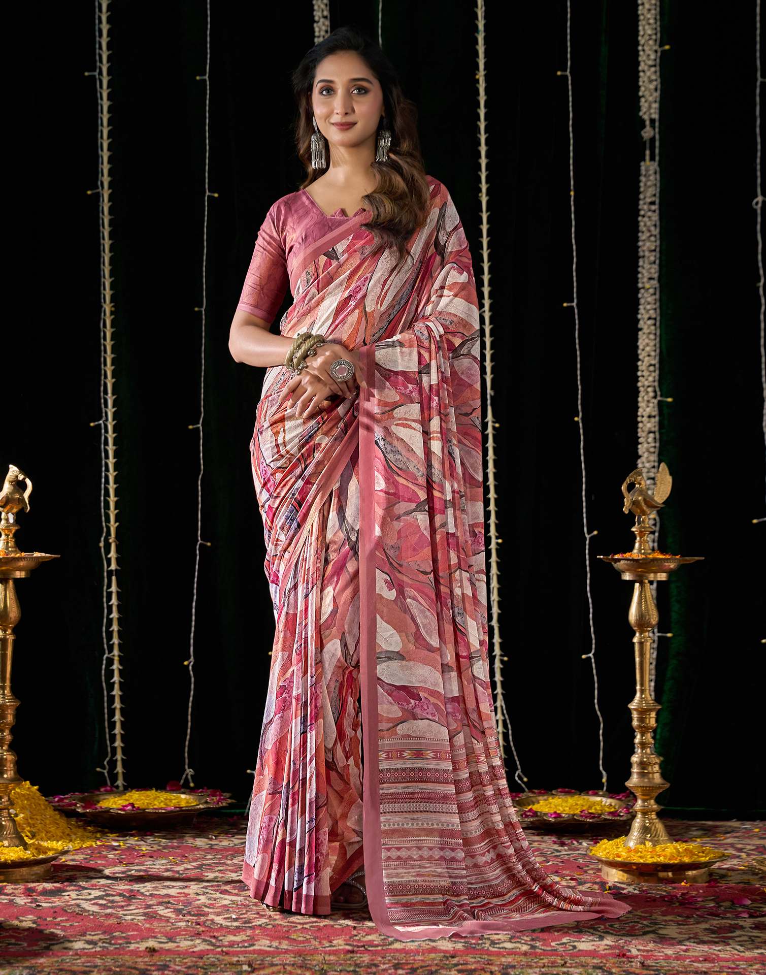 Dark Peach Georgette Printed Saree