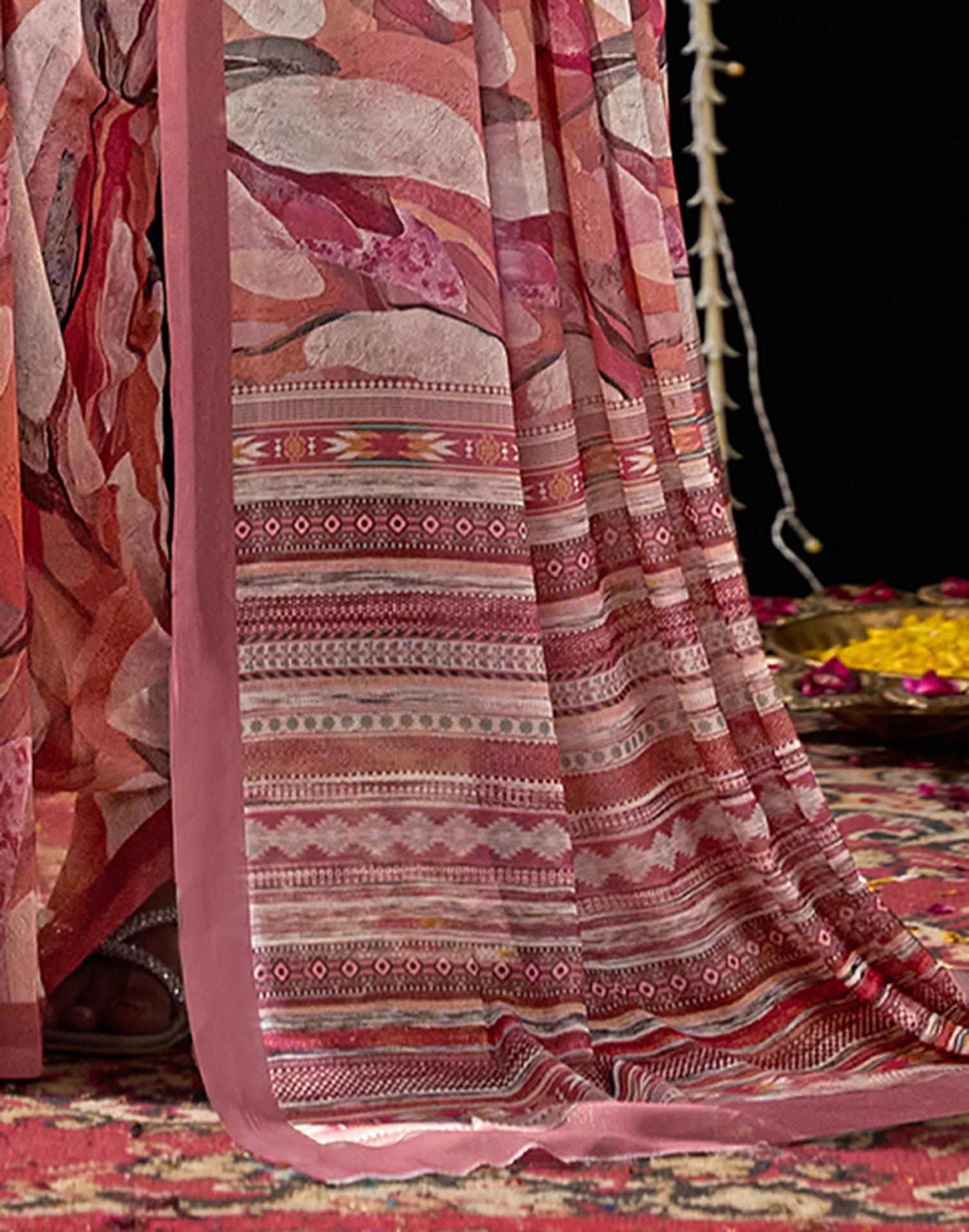 Dark Peach Georgette Printed Saree