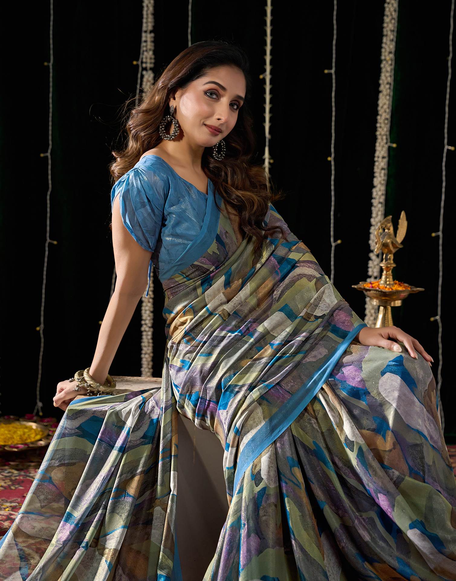 Dusty Blue Georgette Printed Saree