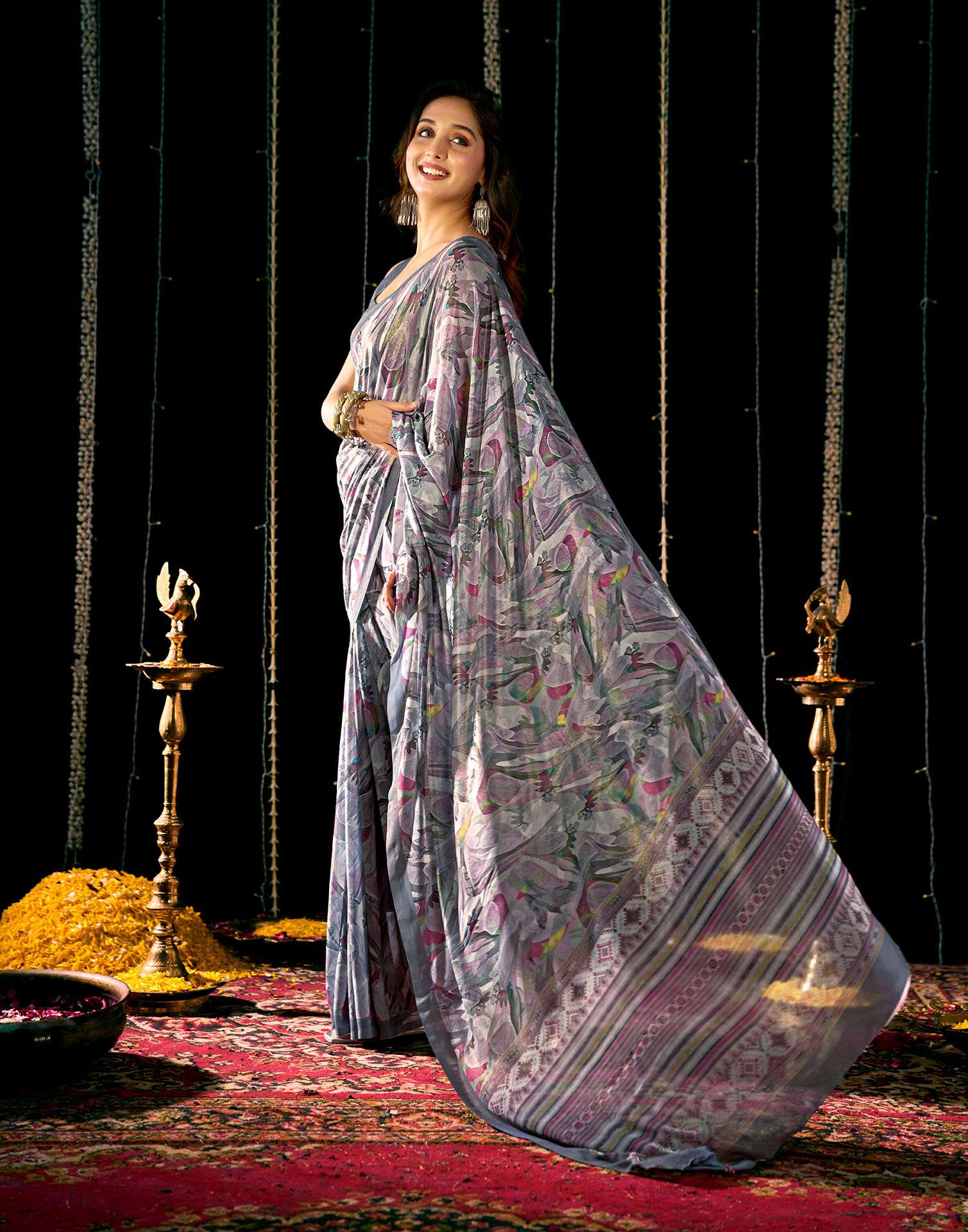 Grey Georgette Printed Saree