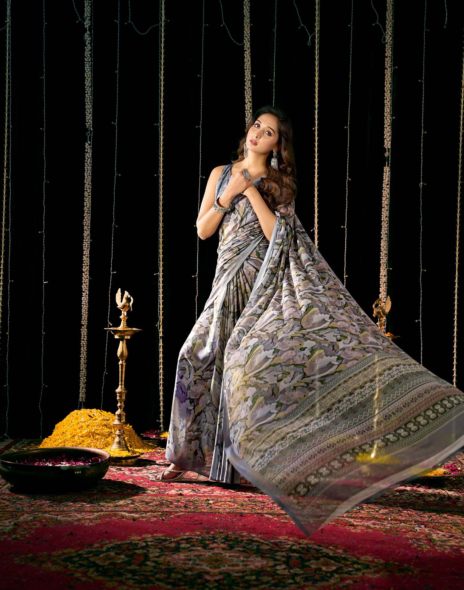 Grey Georgette Printed Saree