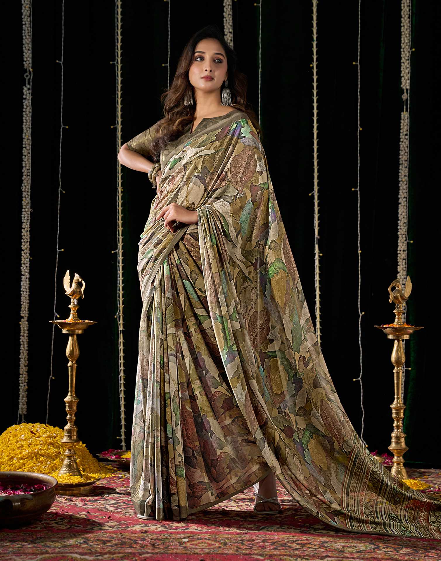 Olive Green Georgette Printed Saree