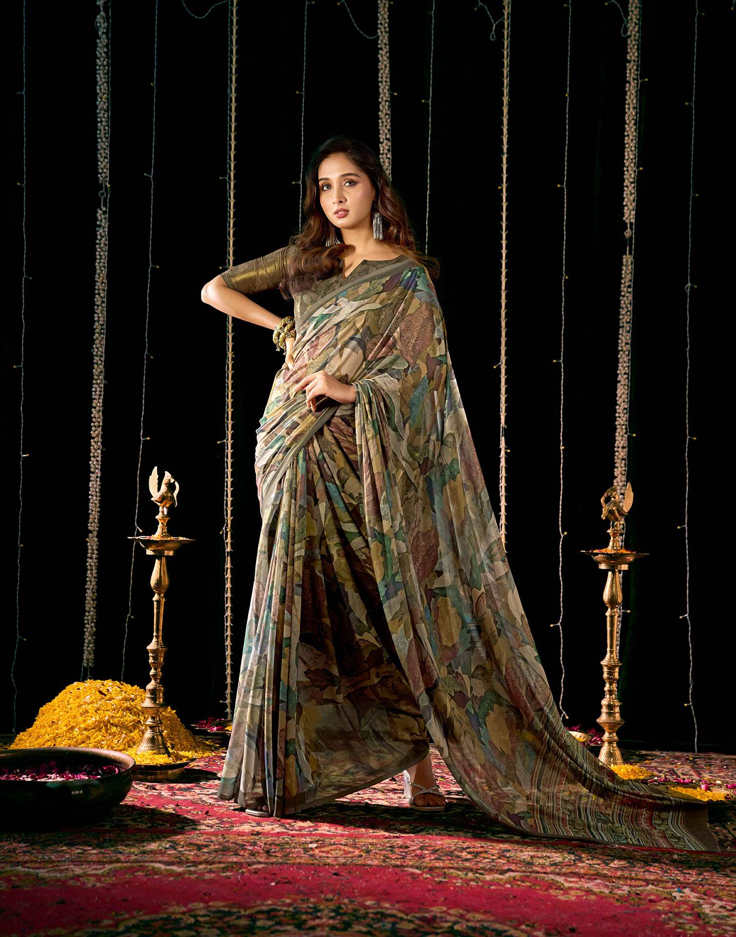 Olive Green Georgette Printed Saree