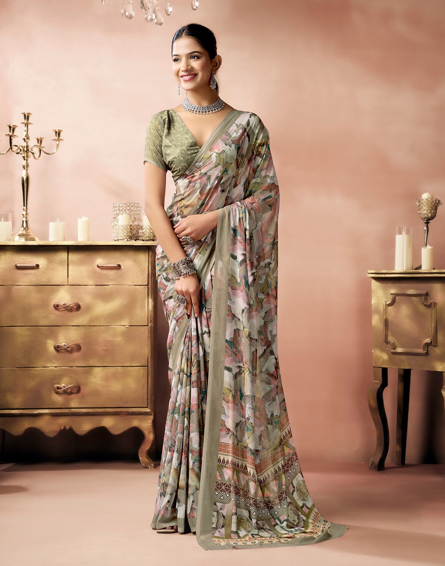 Khaki Georgette Printed Saree